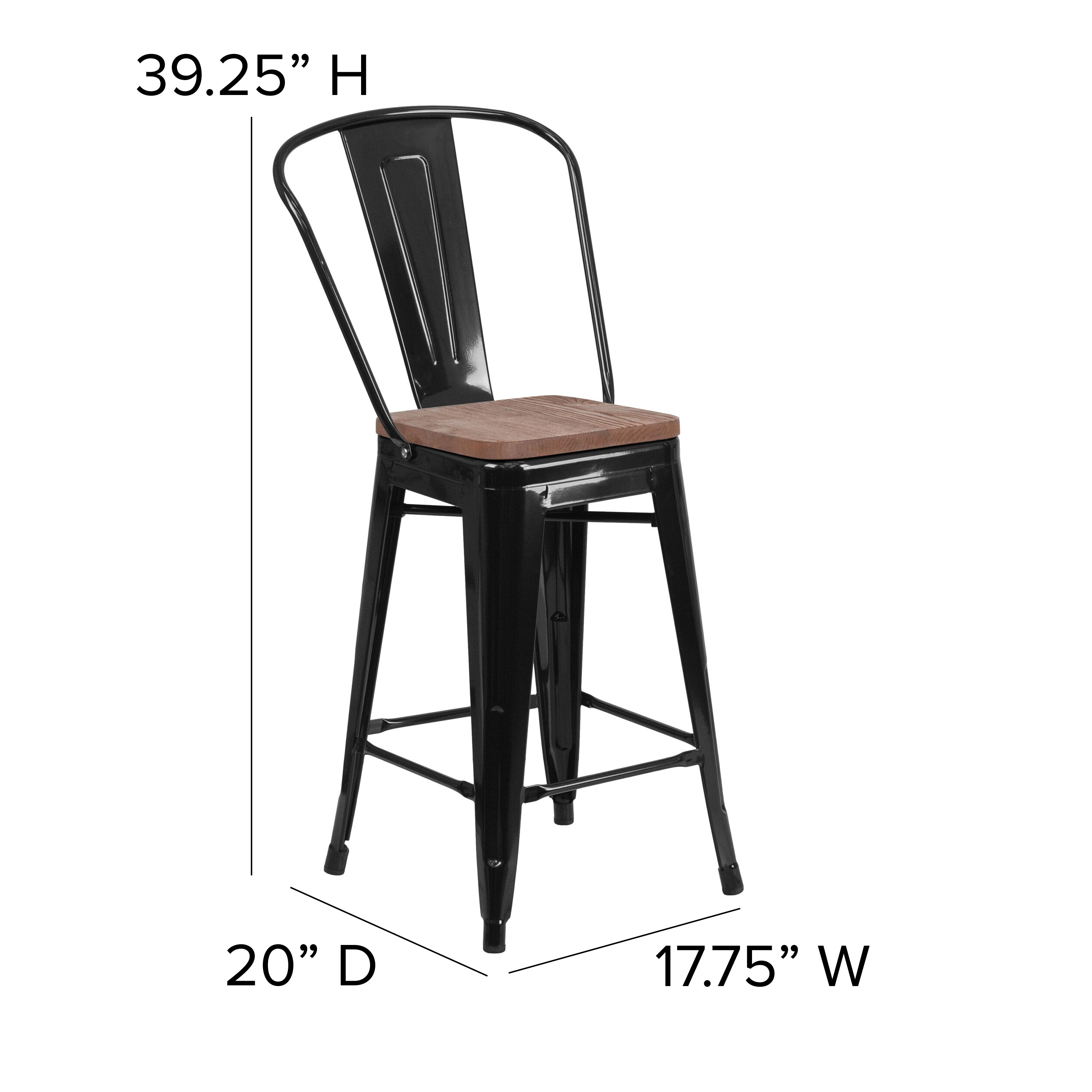 Lily 24" High Black Metal Counter Height Stool with Back and Wood Seat