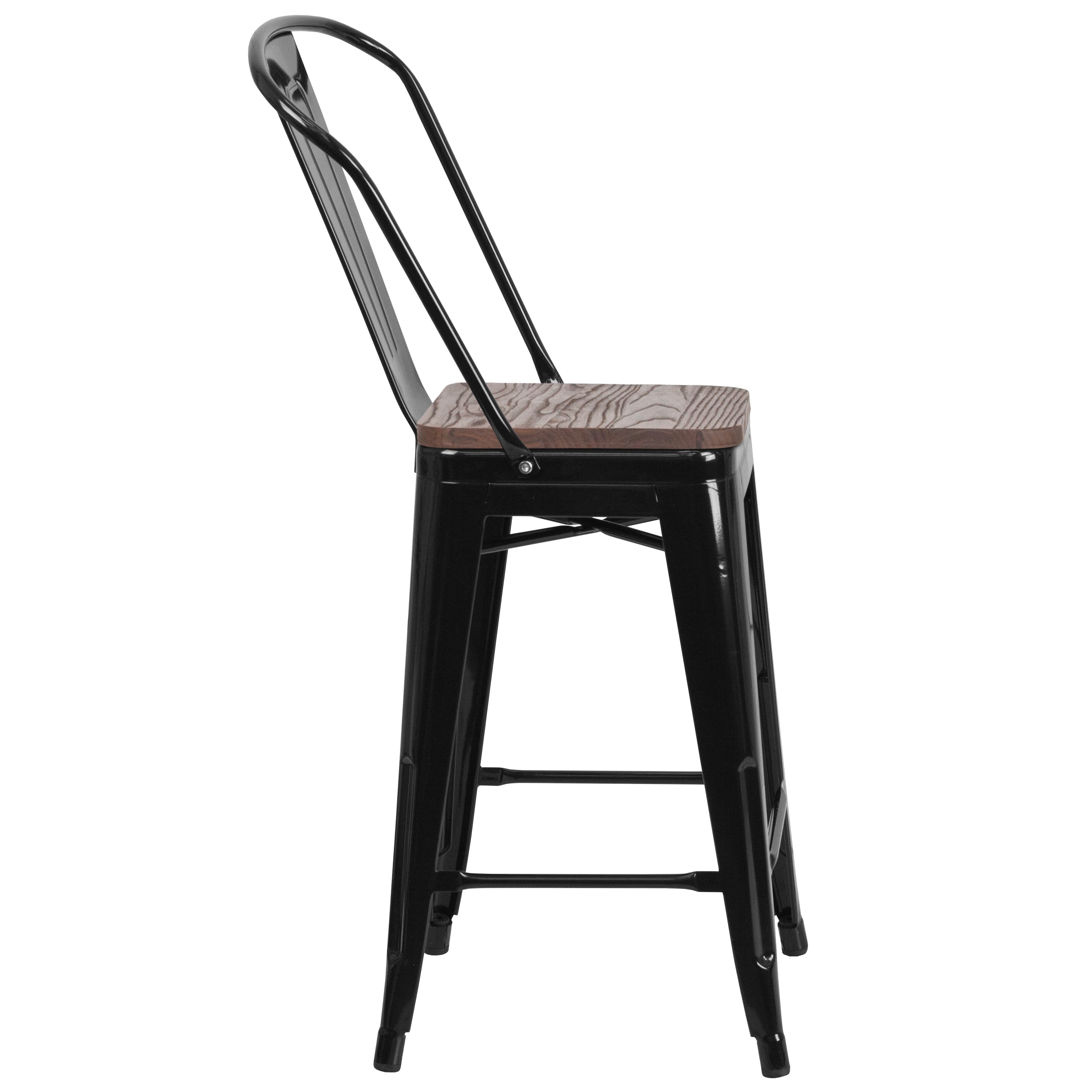 Lily 24" High Black Metal Counter Height Stool with Back and Wood Seat