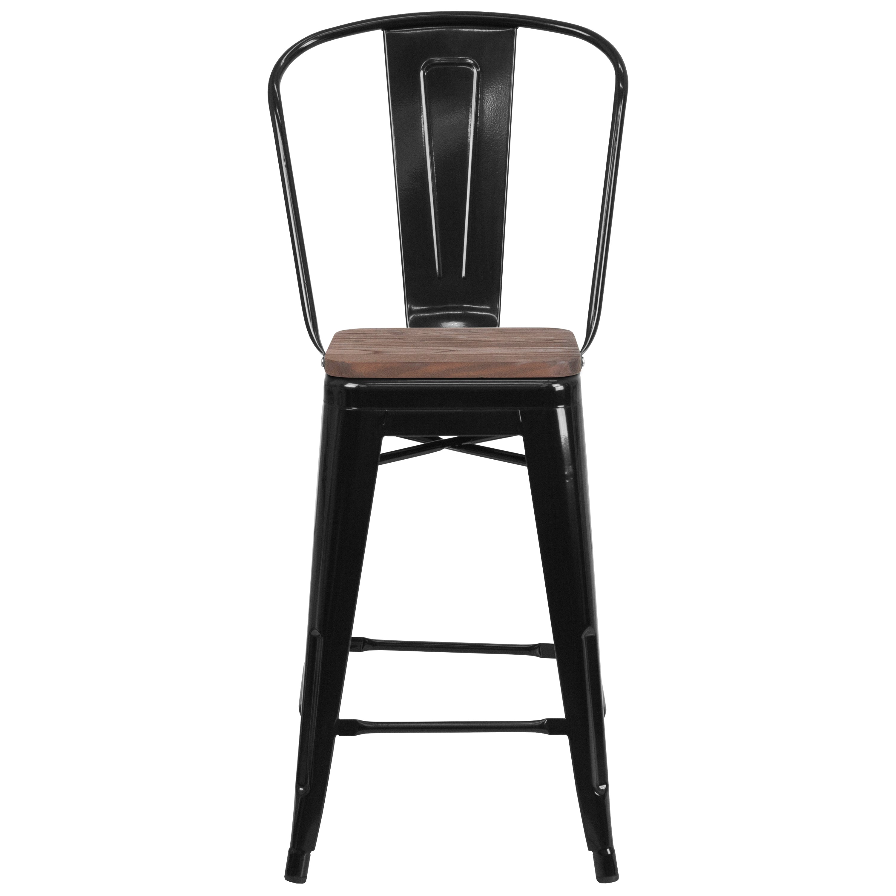 Lily 24" High Black Metal Counter Height Stool with Back and Wood Seat