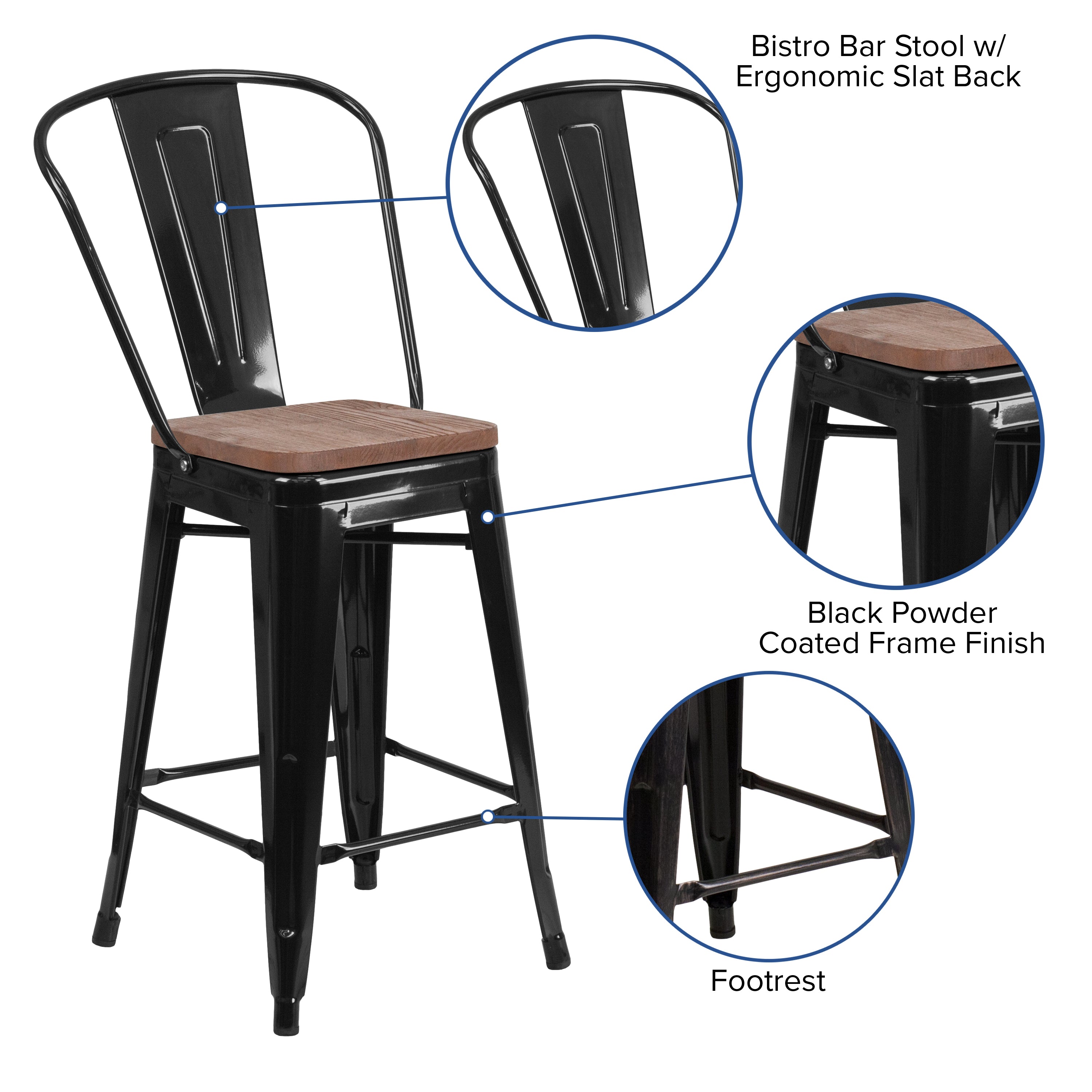 Lily 24" High Black Metal Counter Height Stool with Back and Wood Seat