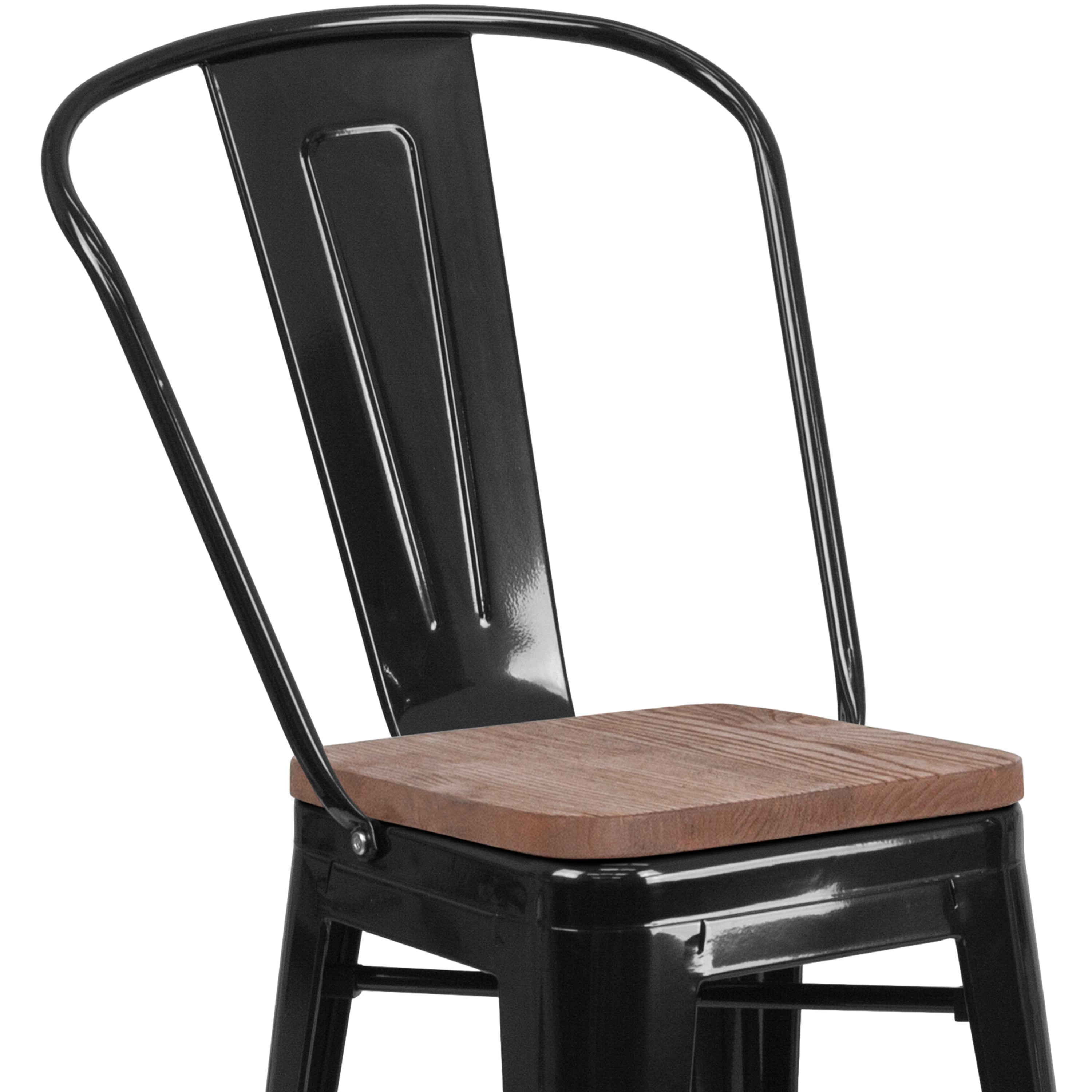 Lily 24" High Black Metal Counter Height Stool with Back and Wood Seat