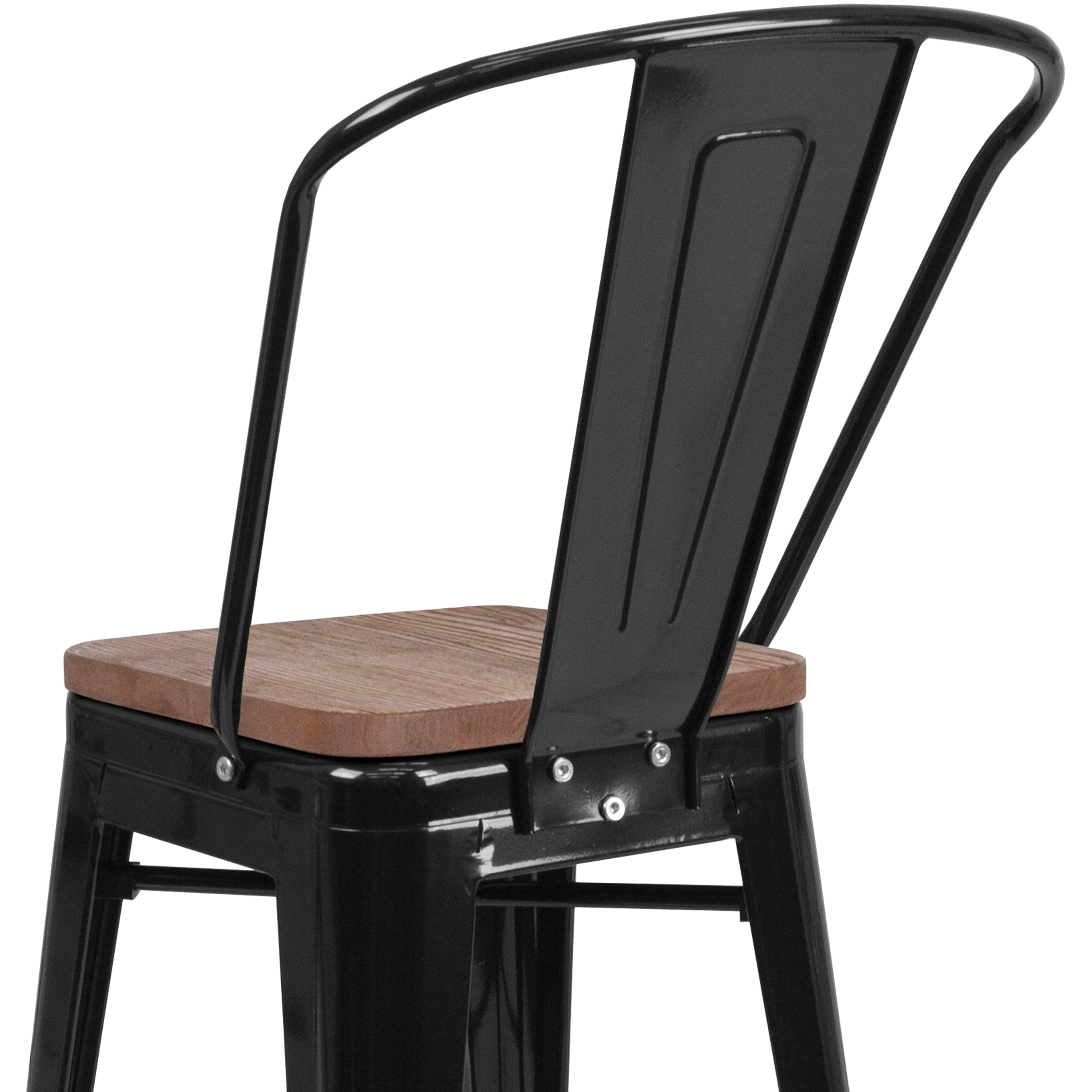 Lily 24" High Black Metal Counter Height Stool with Back and Wood Seat