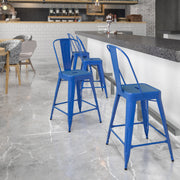 Kai Commercial Grade 24" High Blue Metal Indoor-Outdoor Counter Height Stool with Removable Back