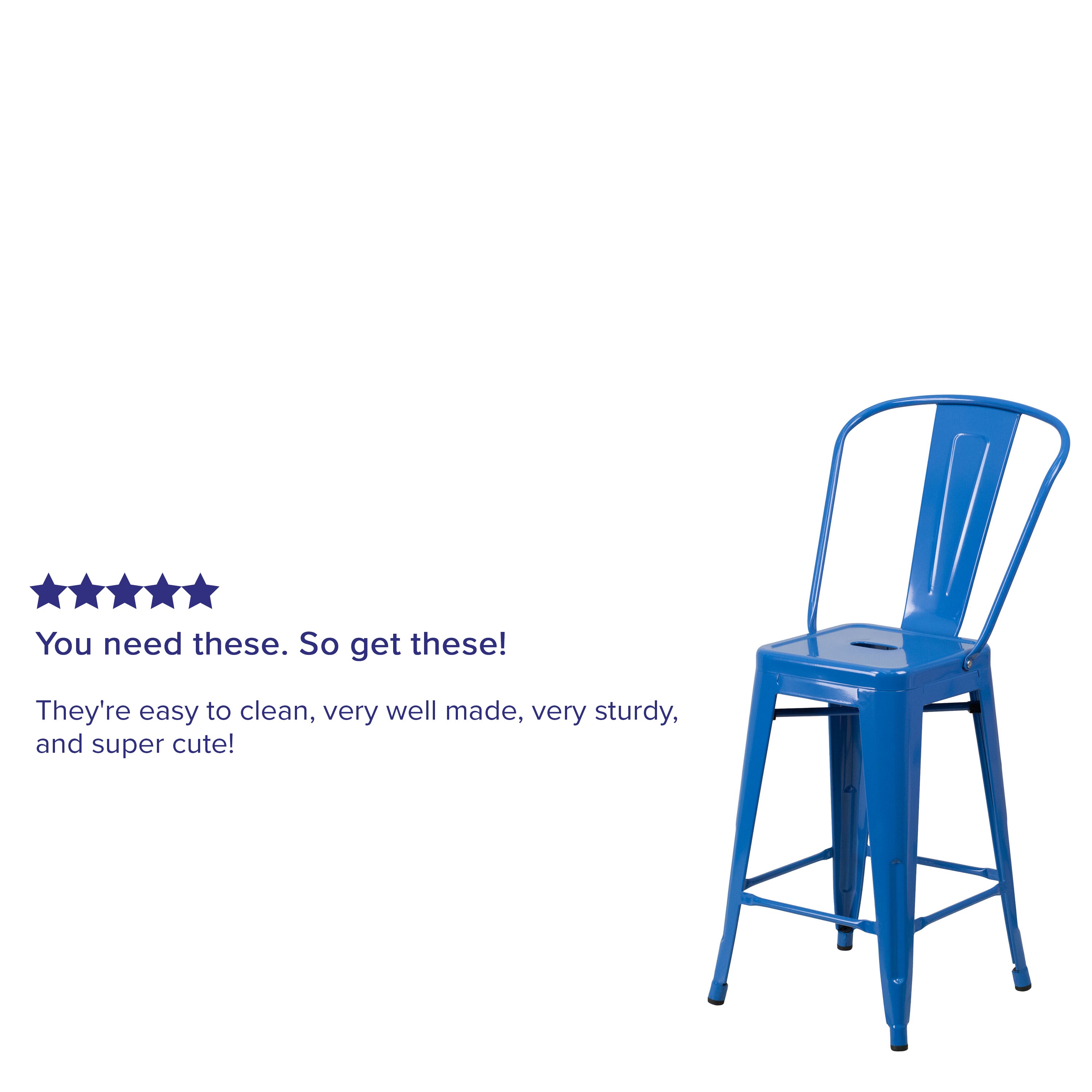 Kai Commercial Grade 24" High Blue Metal Indoor-Outdoor Counter Height Stool with Removable Back