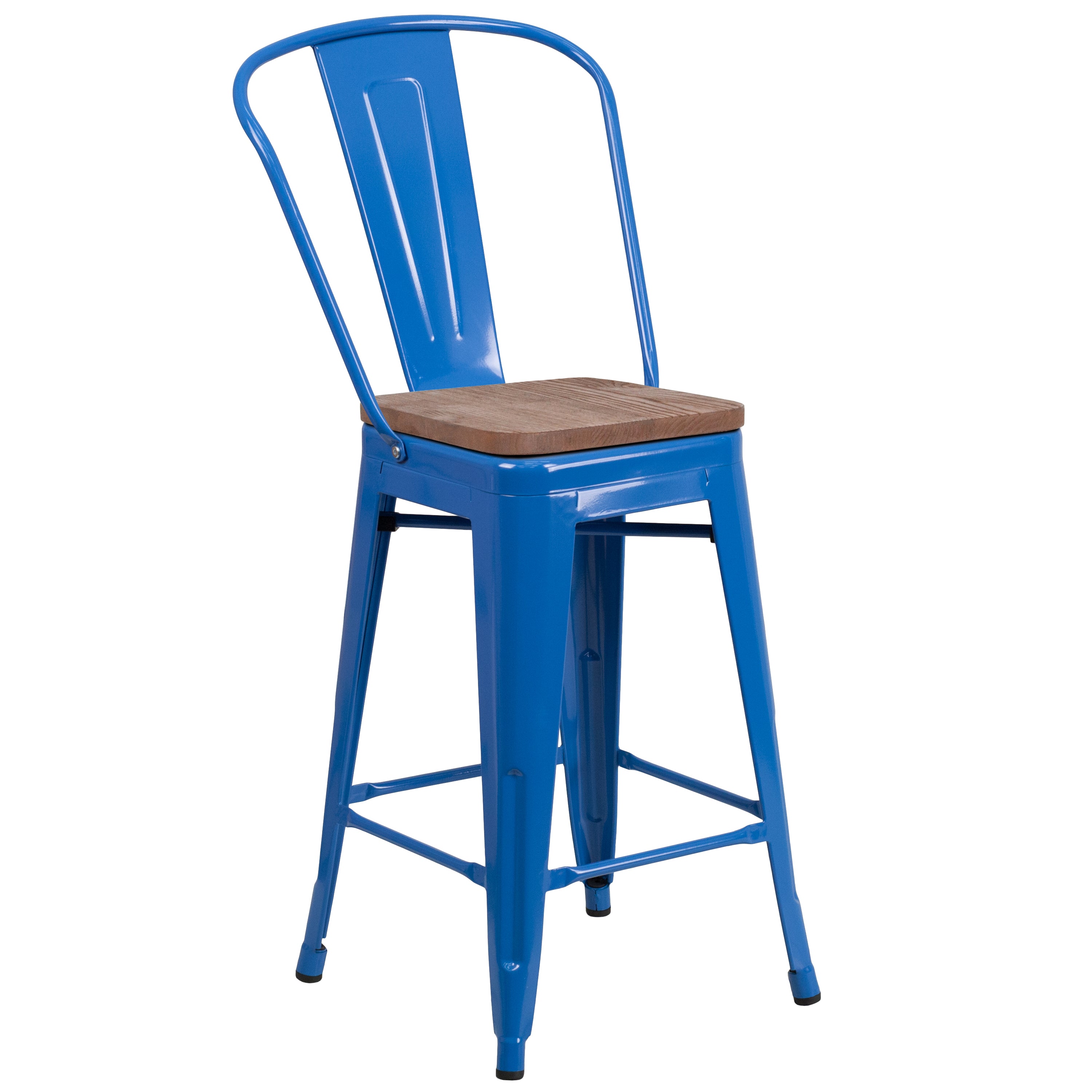 Lily 24" High Blue Metal Counter Height Stool with Back and Wood Seat