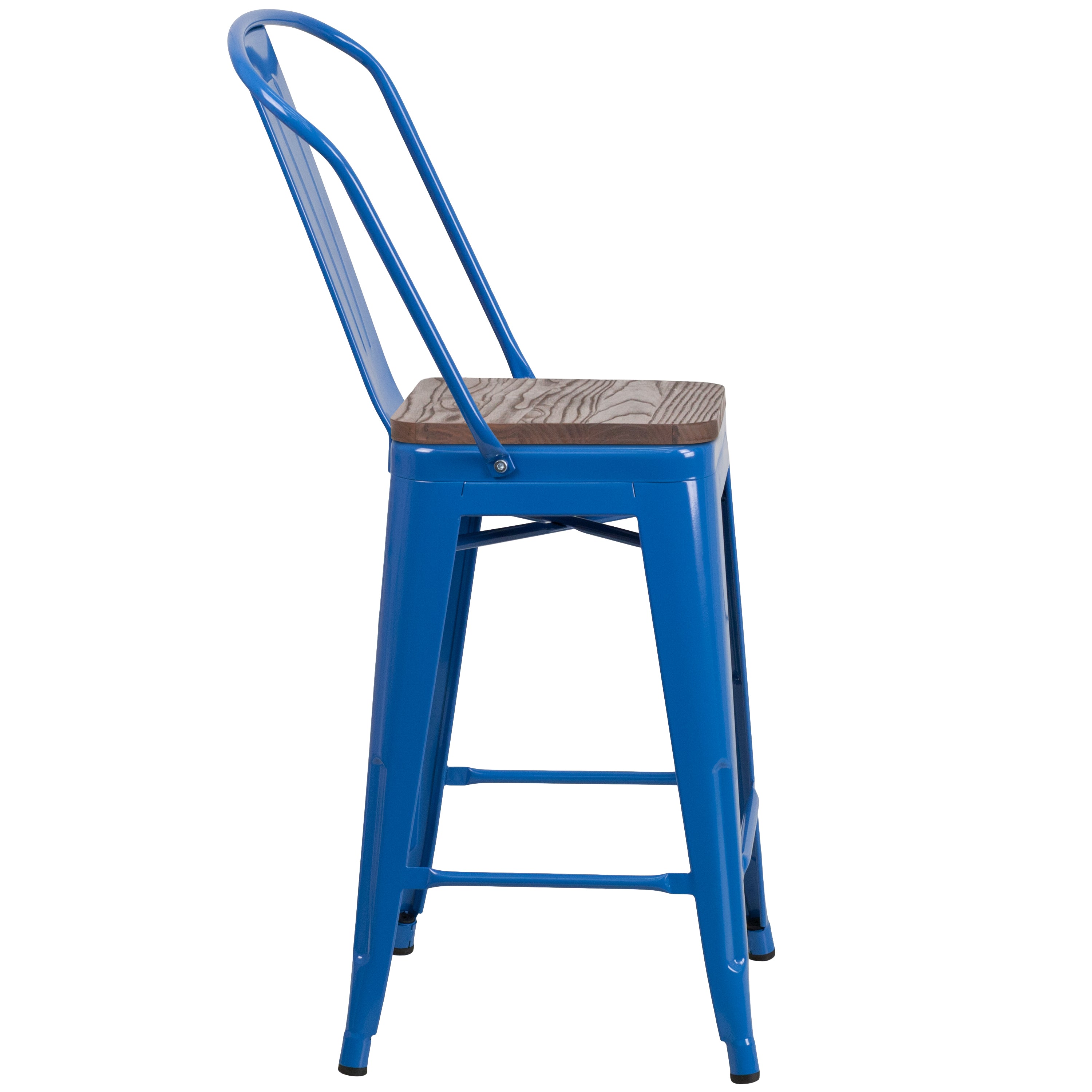 Lily 24" High Blue Metal Counter Height Stool with Back and Wood Seat