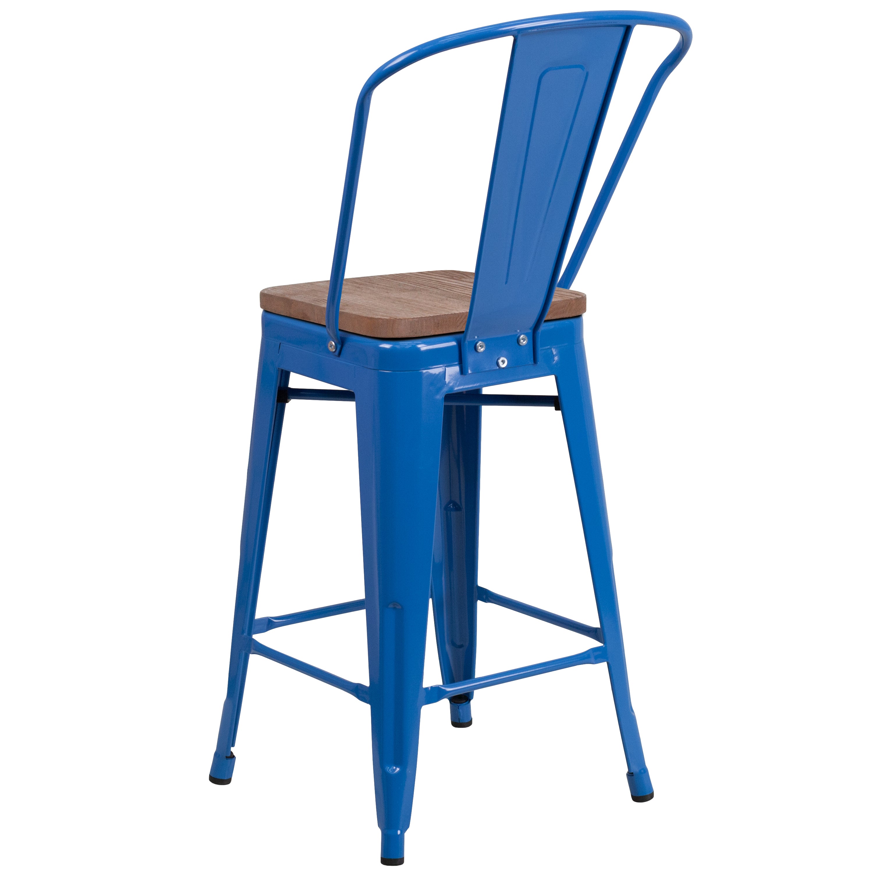 Lily 24" High Blue Metal Counter Height Stool with Back and Wood Seat