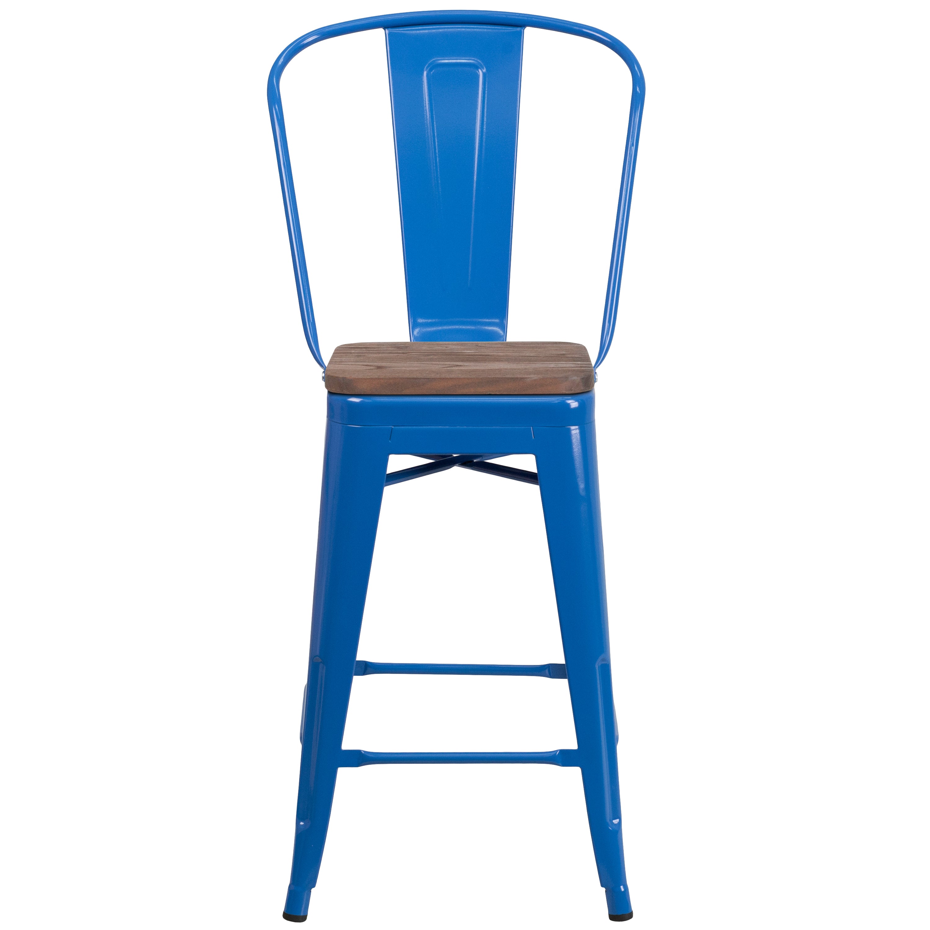 Lily 24" High Blue Metal Counter Height Stool with Back and Wood Seat
