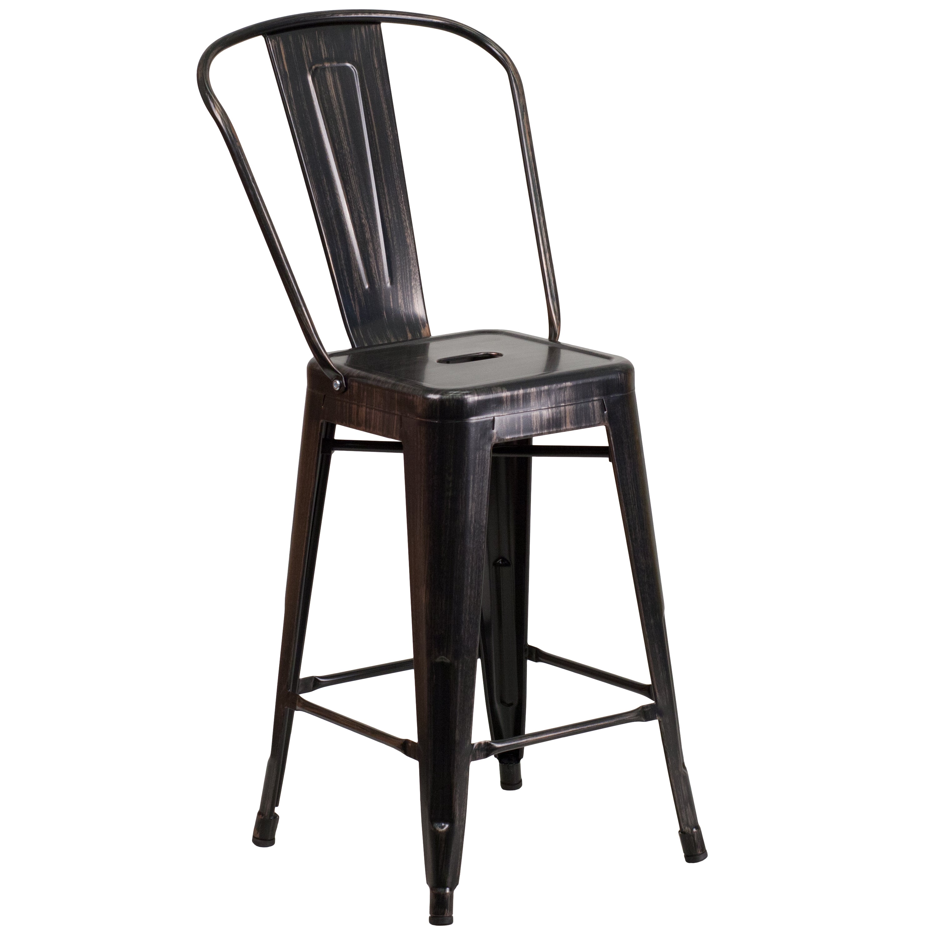 Kai Commercial Grade 24" High Black-Antique Gold Metal Indoor-Outdoor Counter Height Stool with Removable Back