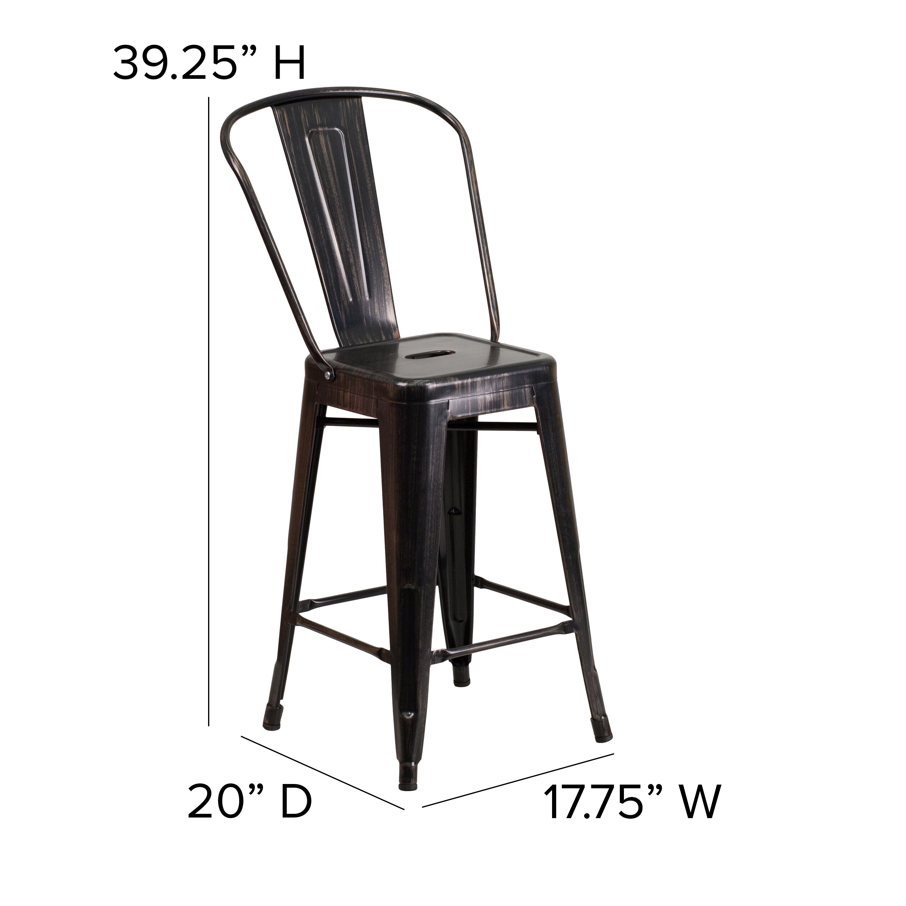 Kai Commercial Grade 24" High Black-Antique Gold Metal Indoor-Outdoor Counter Height Stool with Removable Back