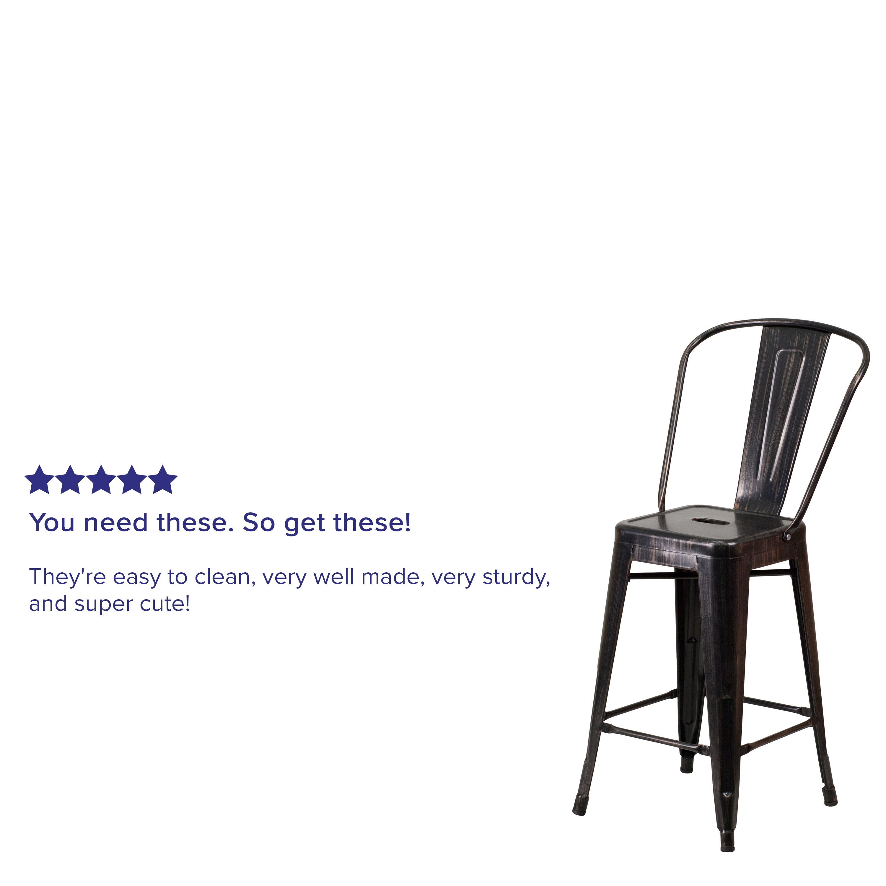 Kai Commercial Grade 24" High Black-Antique Gold Metal Indoor-Outdoor Counter Height Stool with Removable Back