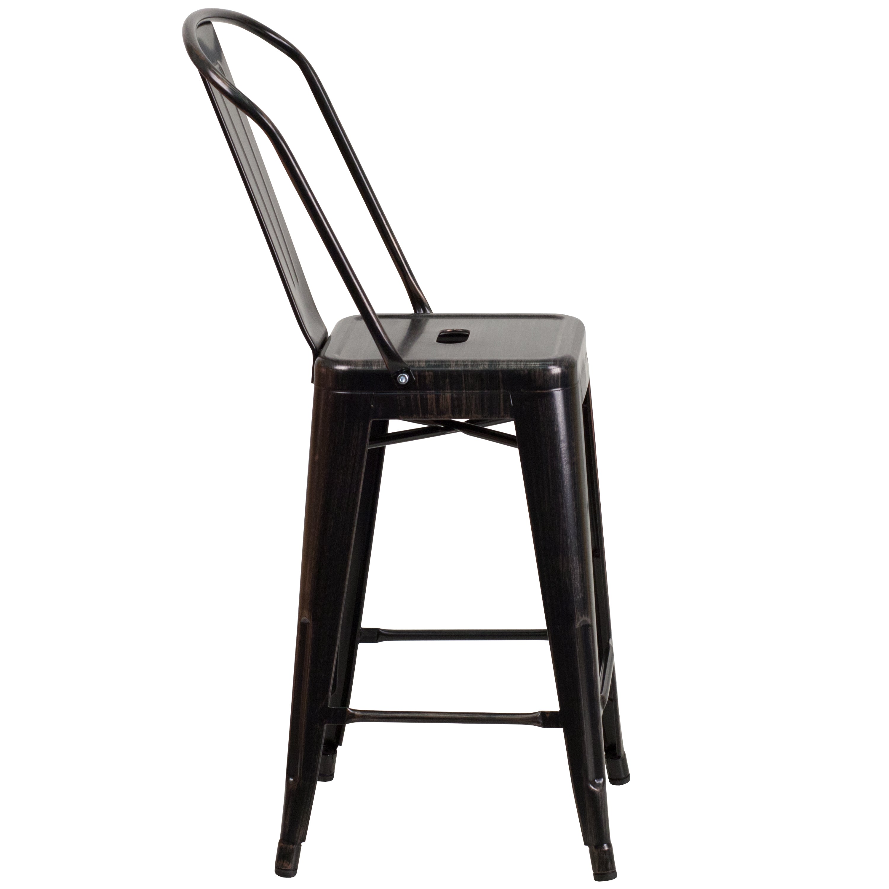 Kai Commercial Grade 24" High Black-Antique Gold Metal Indoor-Outdoor Counter Height Stool with Removable Back