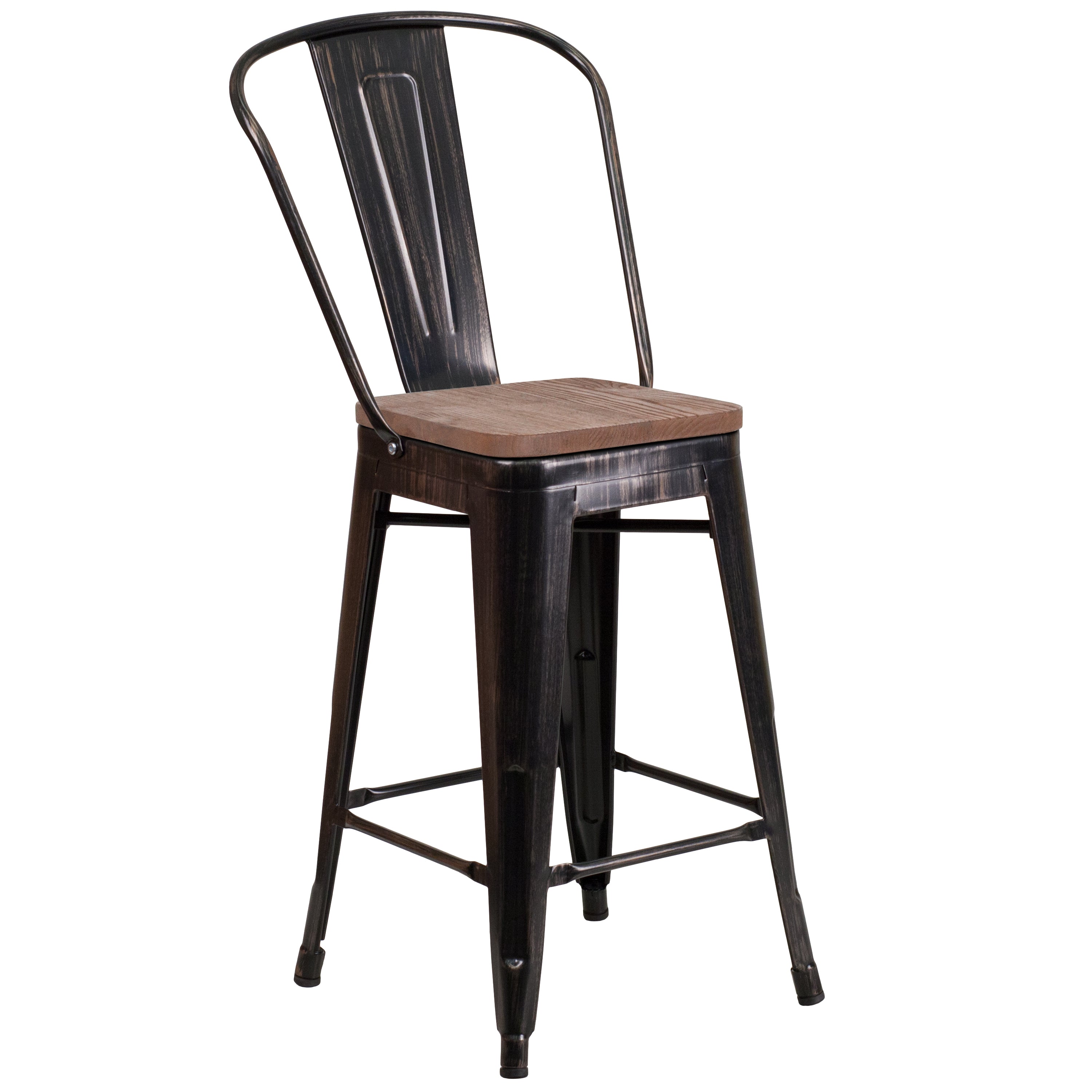Lily 24" High Black-Antique Gold Metal Counter Height Stool with Back and Wood Seat