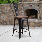 Lily 24" High Black-Antique Gold Metal Counter Height Stool with Back and Wood Seat