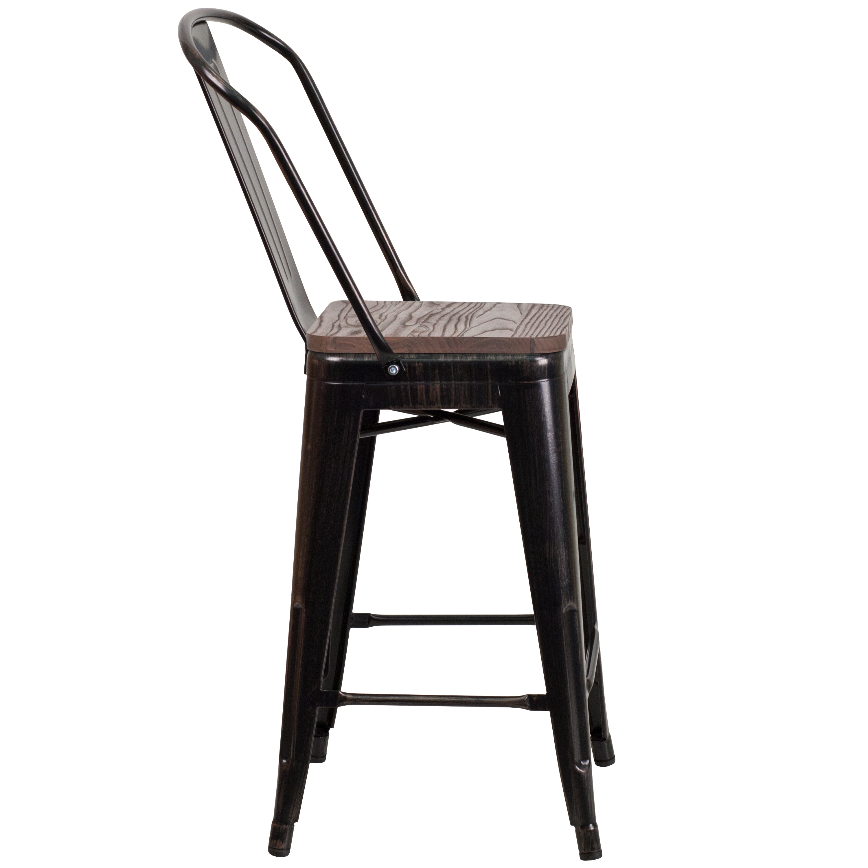 Lily 24" High Black-Antique Gold Metal Counter Height Stool with Back and Wood Seat