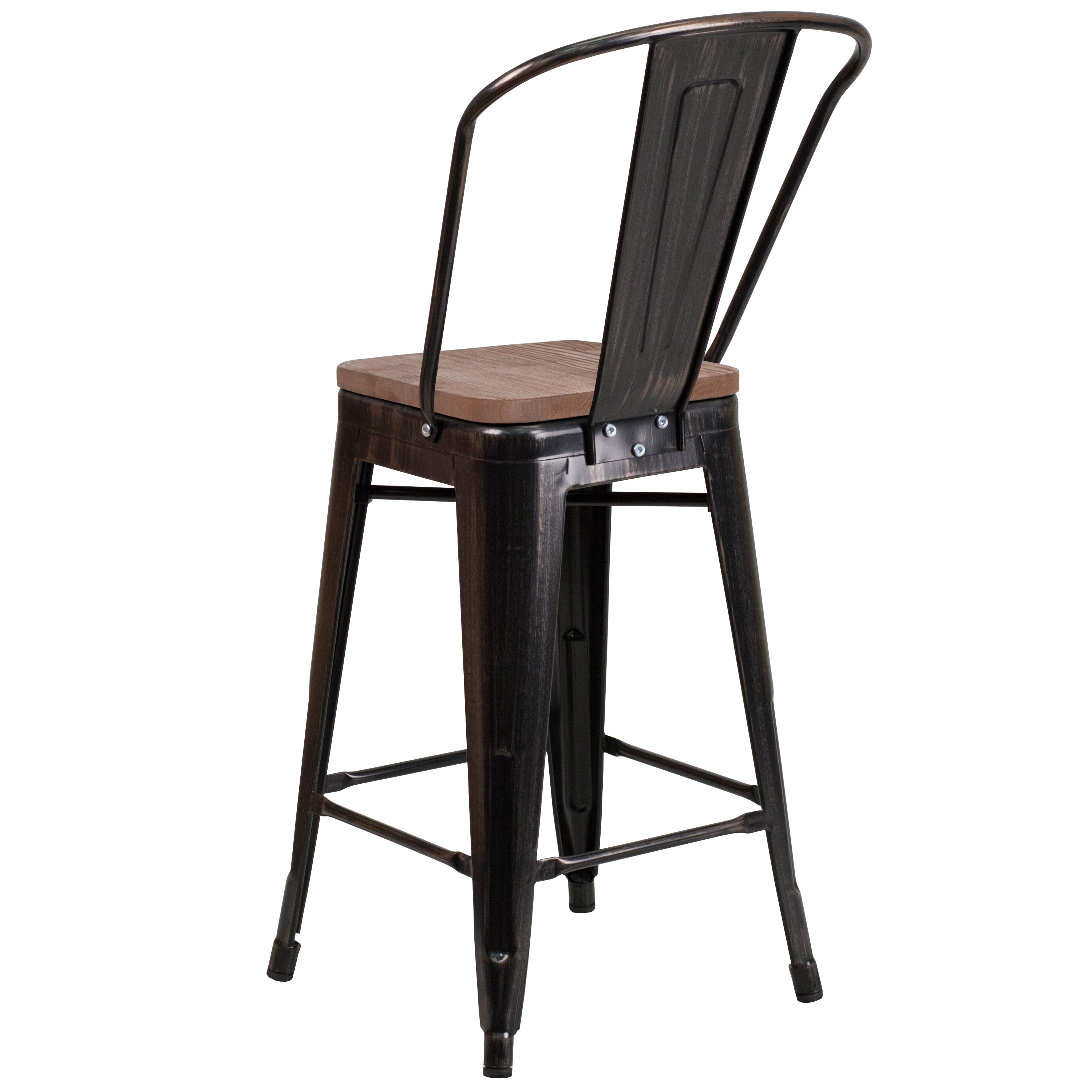 Lily 24" High Black-Antique Gold Metal Counter Height Stool with Back and Wood Seat