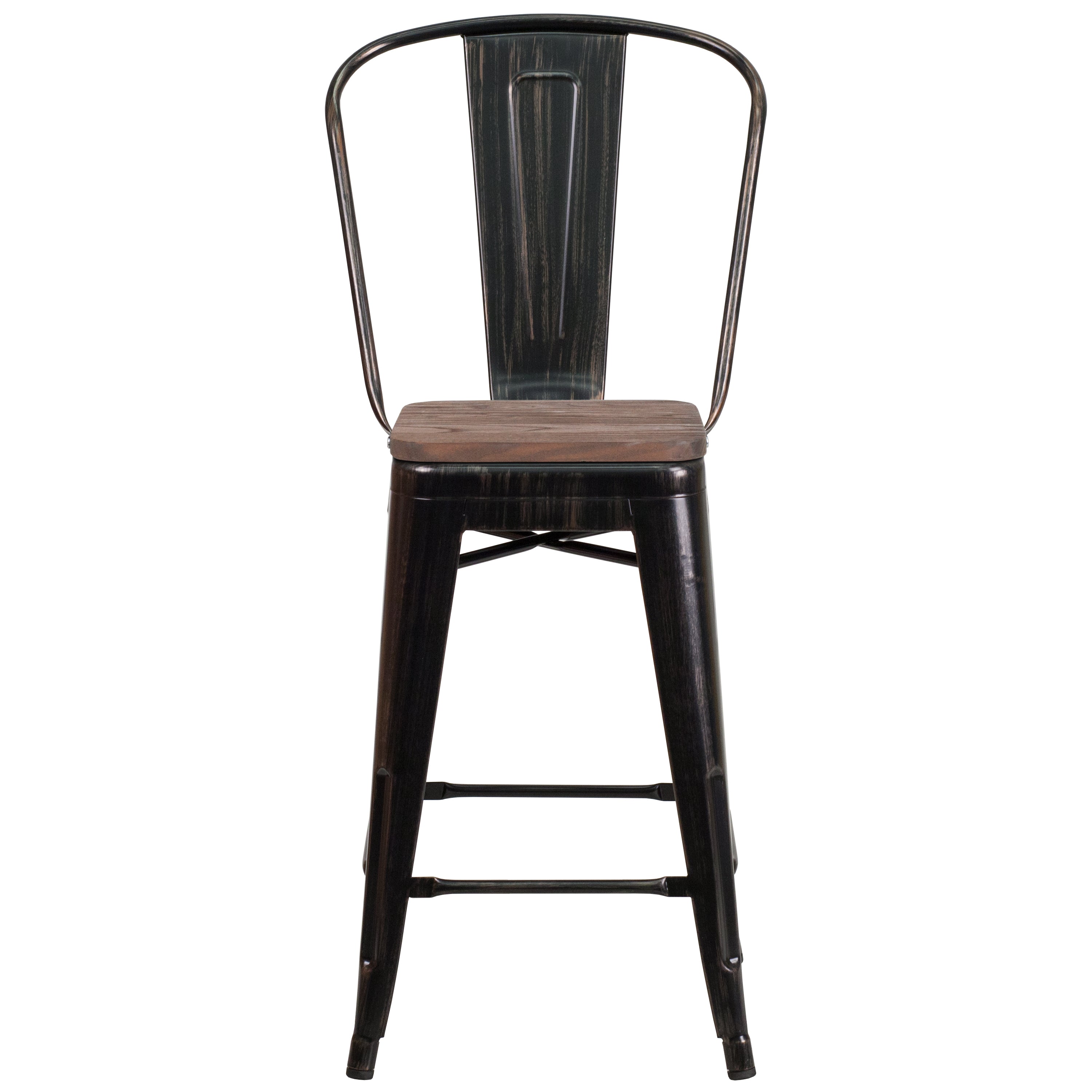 Lily 24" High Black-Antique Gold Metal Counter Height Stool with Back and Wood Seat