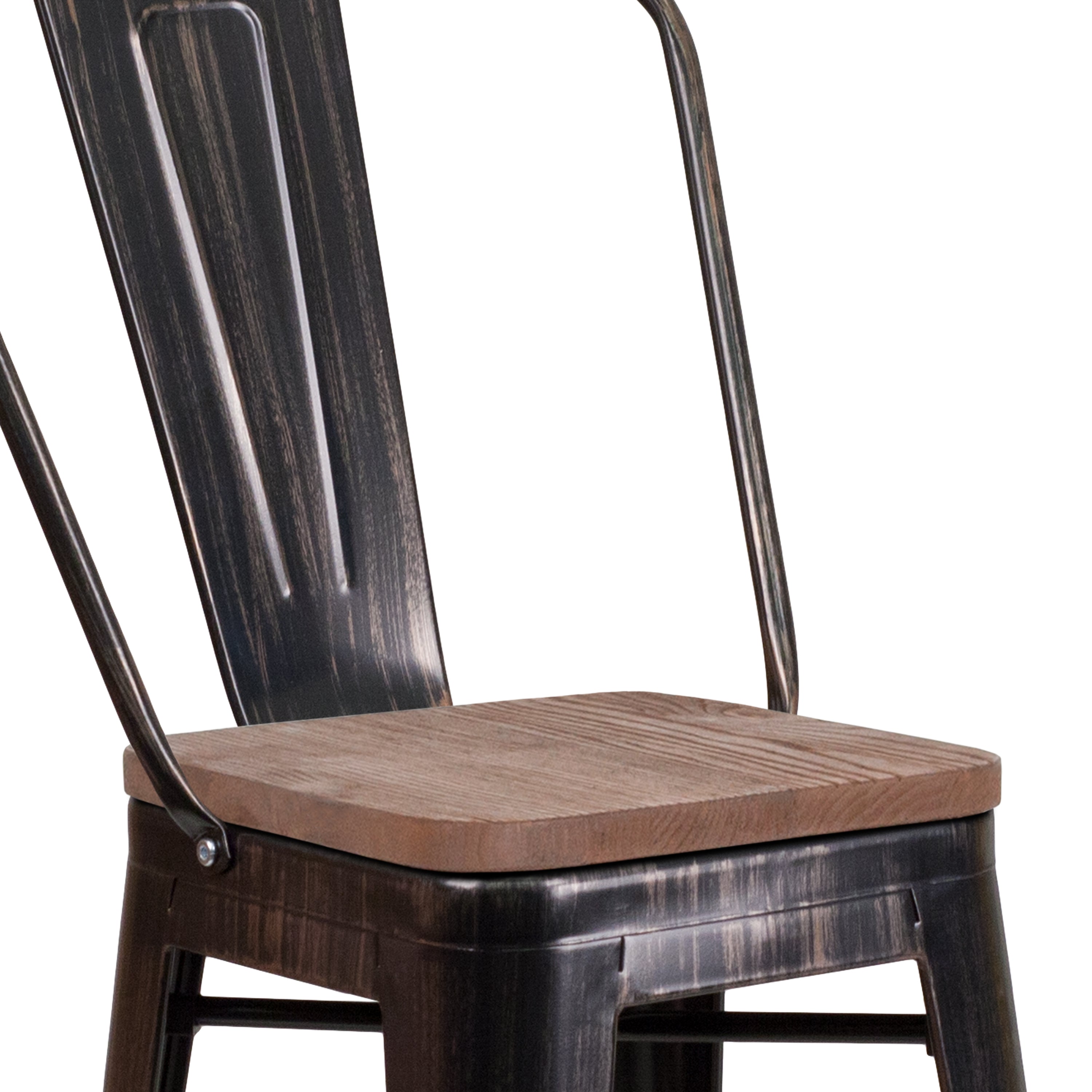 Lily 24" High Black-Antique Gold Metal Counter Height Stool with Back and Wood Seat
