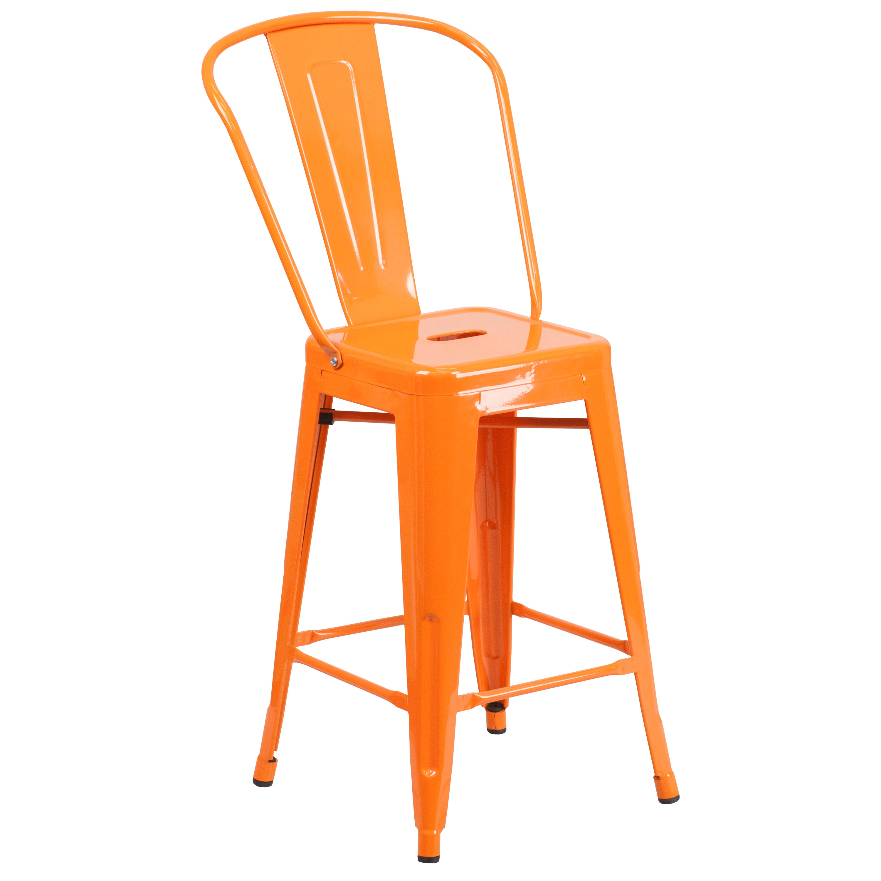 Kai Commercial Grade 24" High Orange Metal Indoor-Outdoor Counter Height Stool with Removable Back