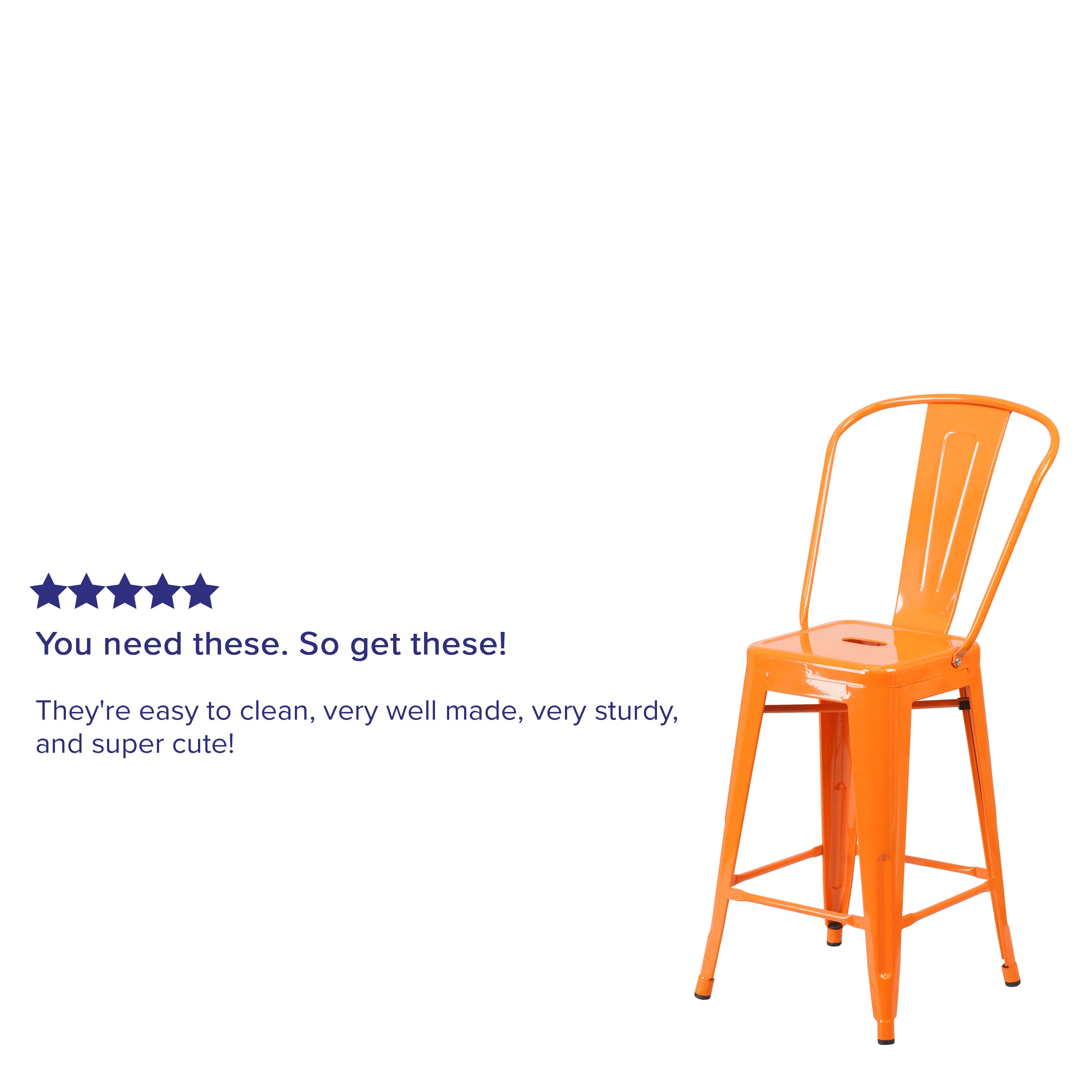 Kai Commercial Grade 24" High Orange Metal Indoor-Outdoor Counter Height Stool with Removable Back