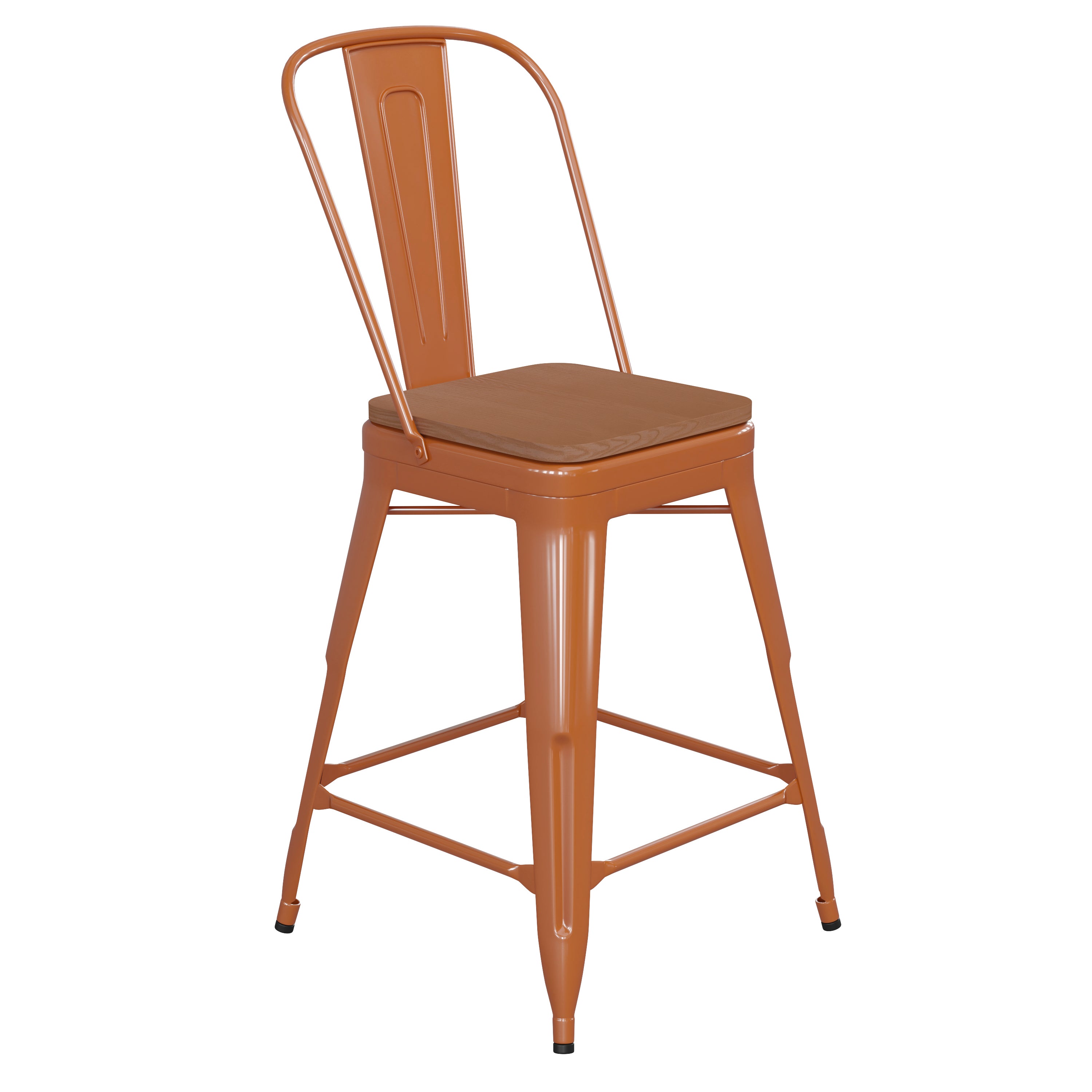 Kai Commercial Grade 24" High Orange Metal Indoor-Outdoor Counter Height Stool with Removable Back and Teak All-Weather Poly Resin Seat