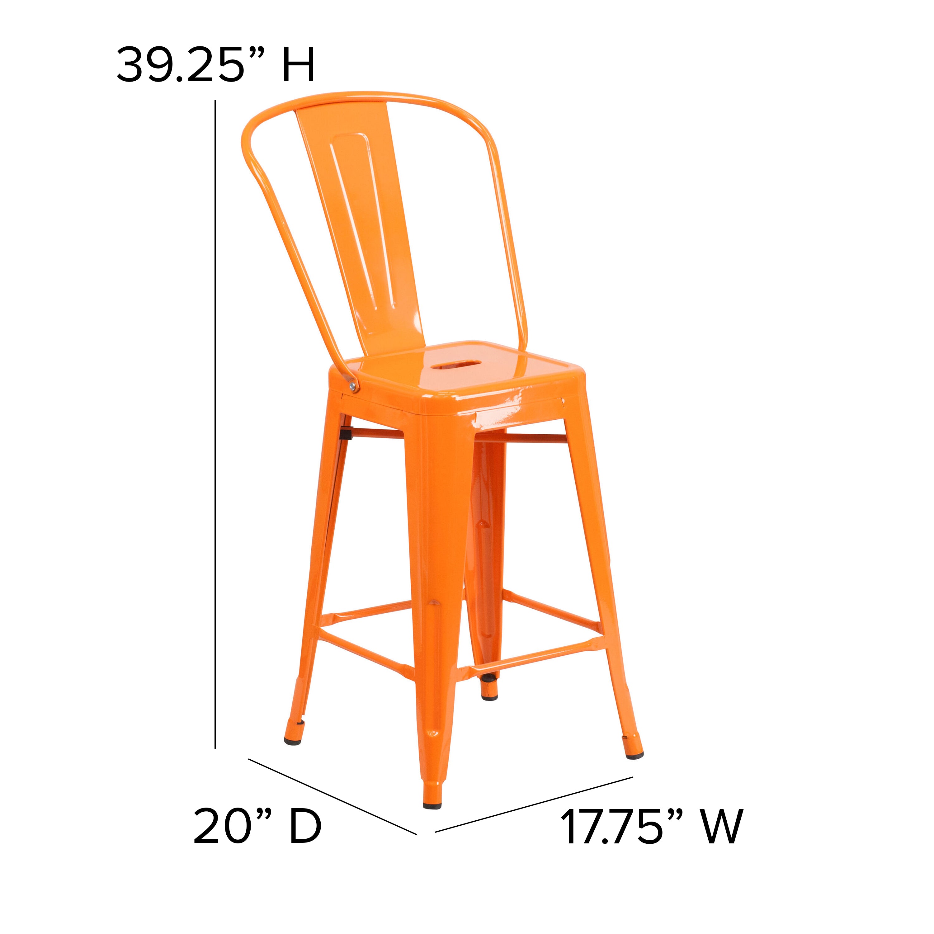 Kai Commercial Grade 24" High Orange Metal Indoor-Outdoor Counter Height Stool with Removable Back and Teak All-Weather Poly Resin Seat