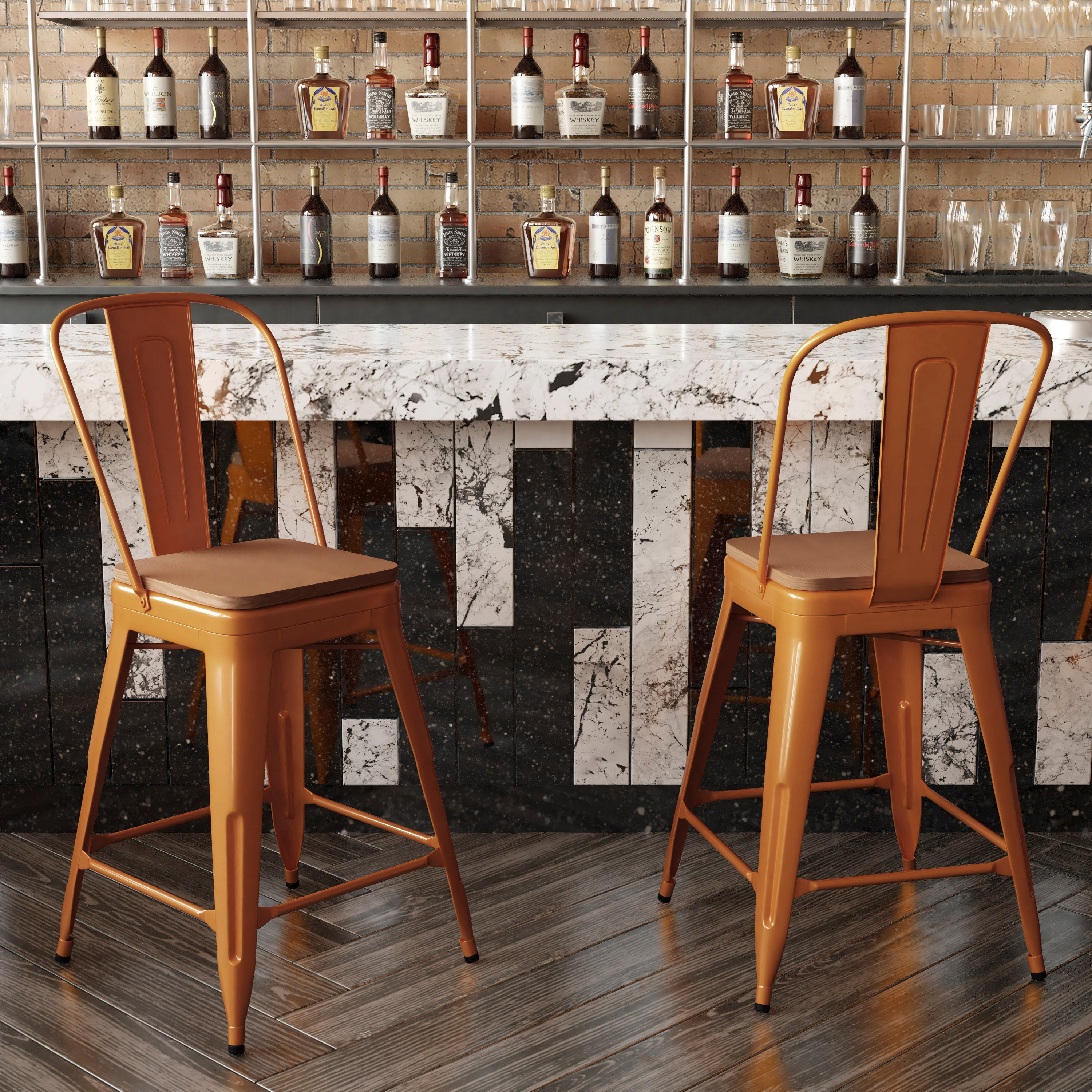 Kai Commercial Grade 24" High Orange Metal Indoor-Outdoor Counter Height Stool with Removable Back and Teak All-Weather Poly Resin Seat