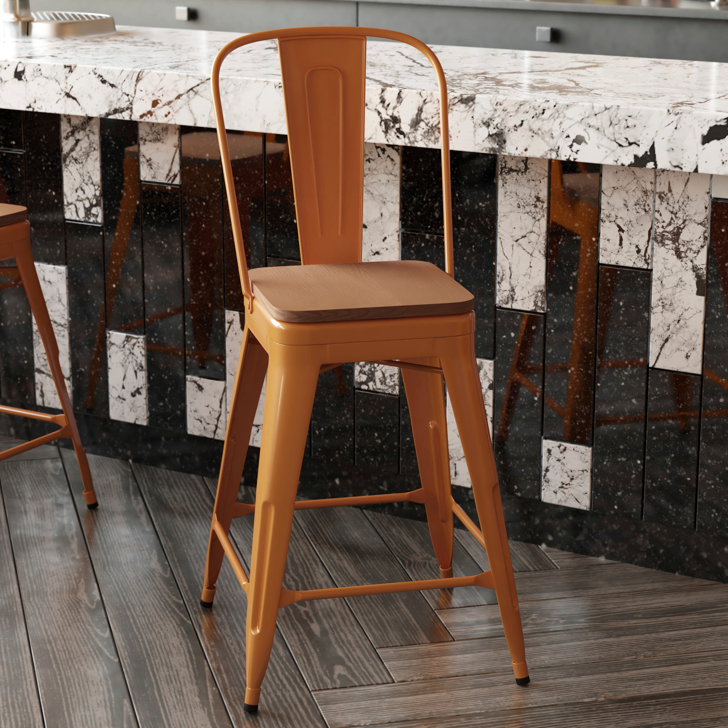 Kai Commercial Grade 24" High Orange Metal Indoor-Outdoor Counter Height Stool with Removable Back and Teak All-Weather Poly Resin Seat
