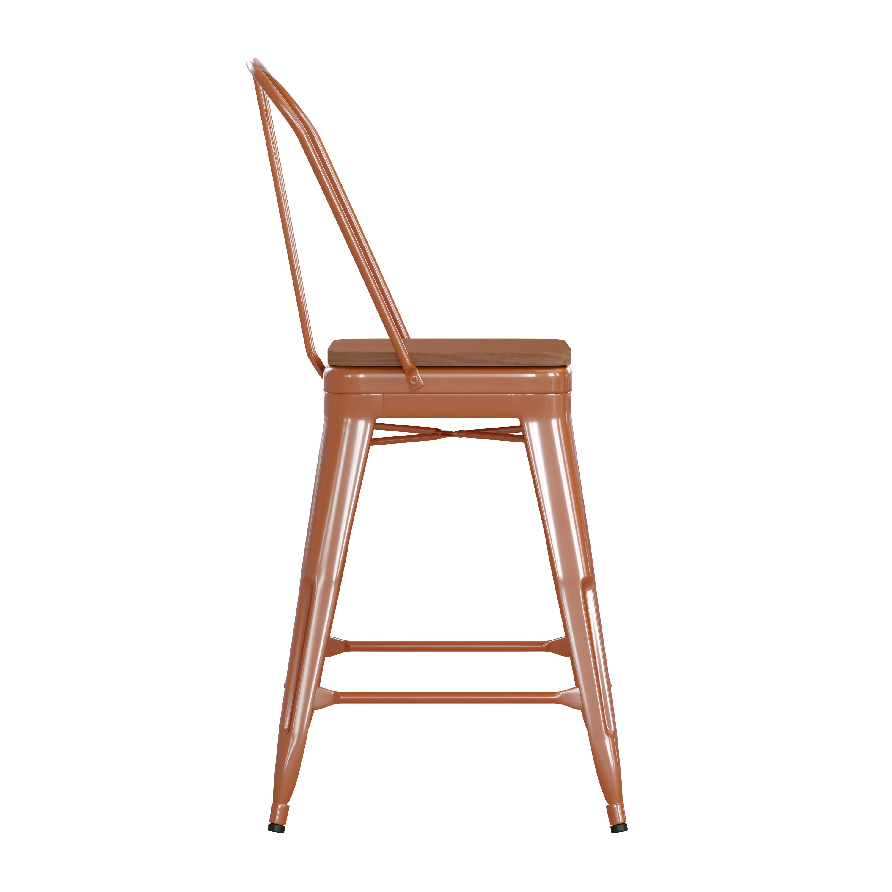 Kai Commercial Grade 24" High Orange Metal Indoor-Outdoor Counter Height Stool with Removable Back and Teak All-Weather Poly Resin Seat
