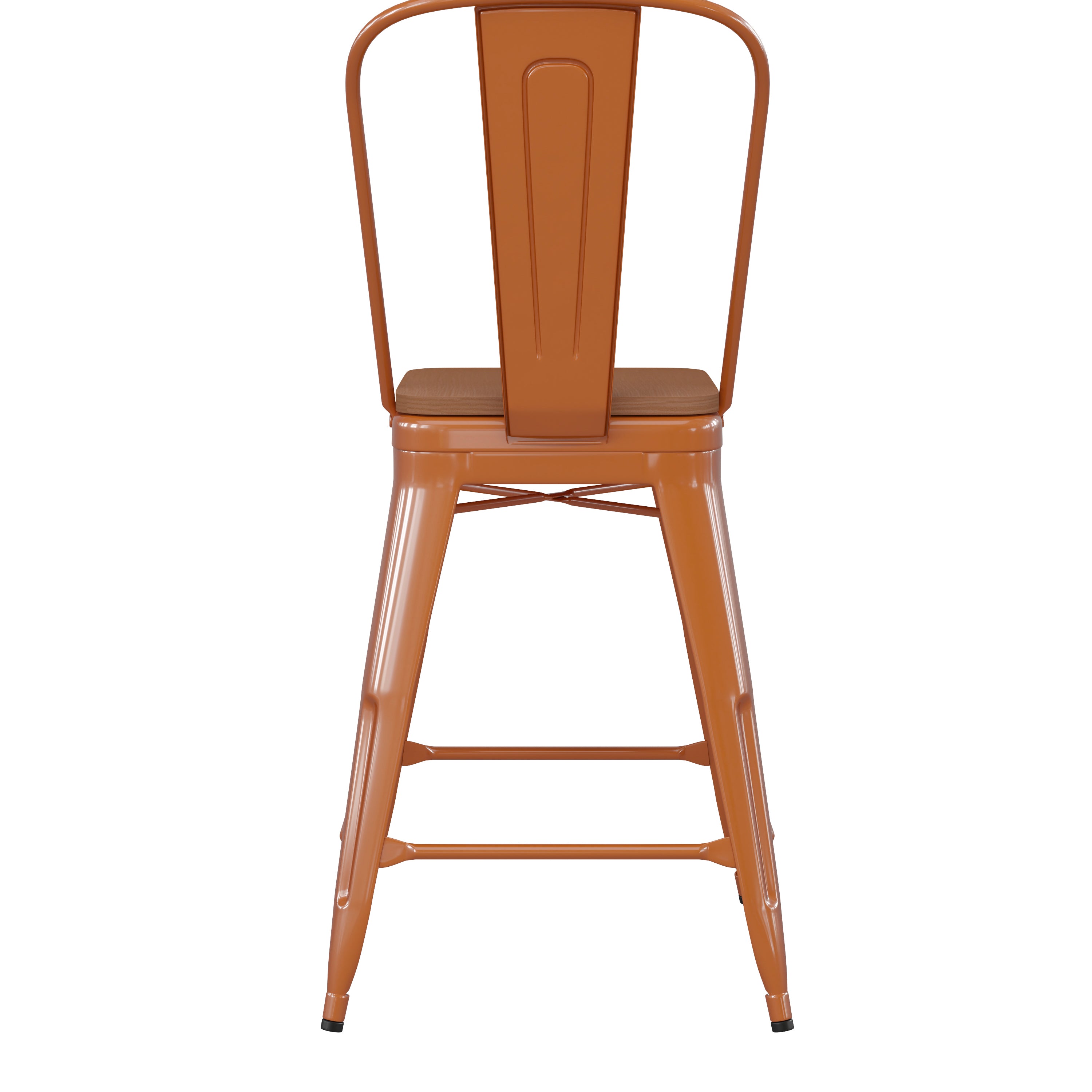 Kai Commercial Grade 24" High Orange Metal Indoor-Outdoor Counter Height Stool with Removable Back and Teak All-Weather Poly Resin Seat