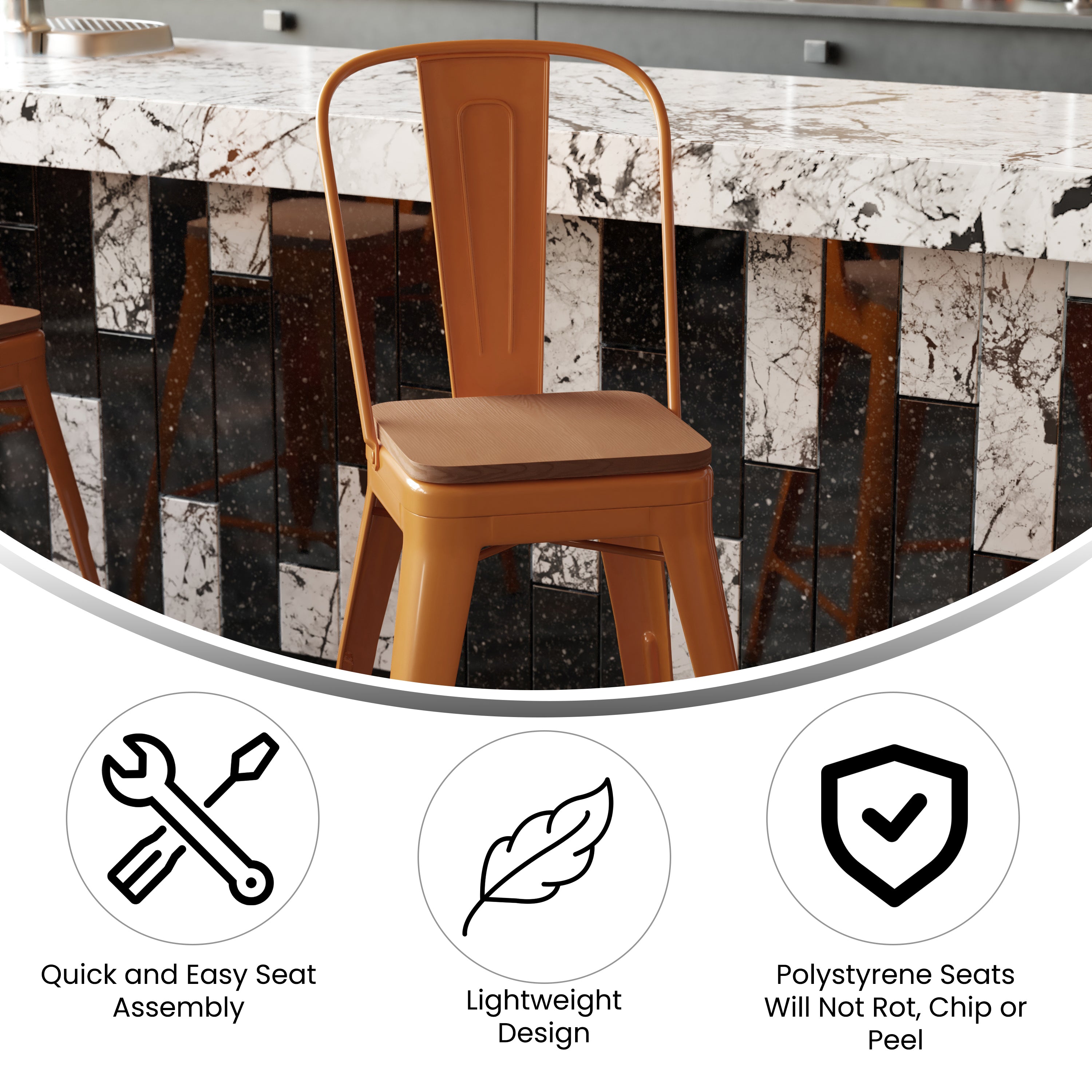 Kai Commercial Grade 24" High Orange Metal Indoor-Outdoor Counter Height Stool with Removable Back and Teak All-Weather Poly Resin Seat