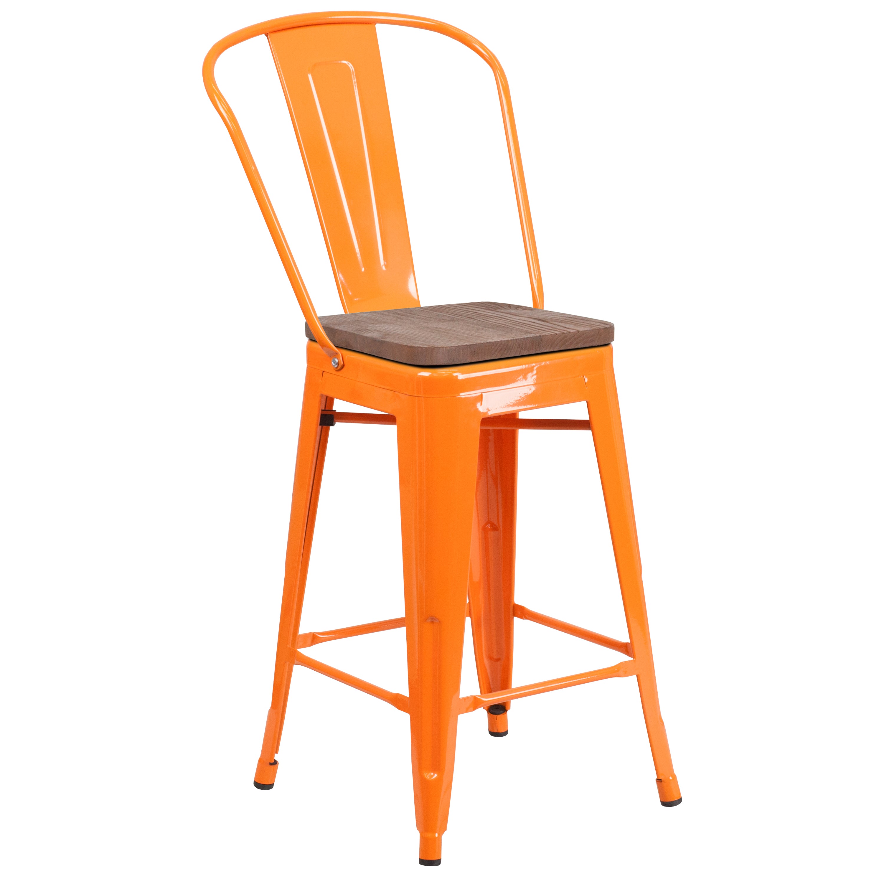 Lily 24" High Orange Metal Counter Height Stool with Back and Wood Seat