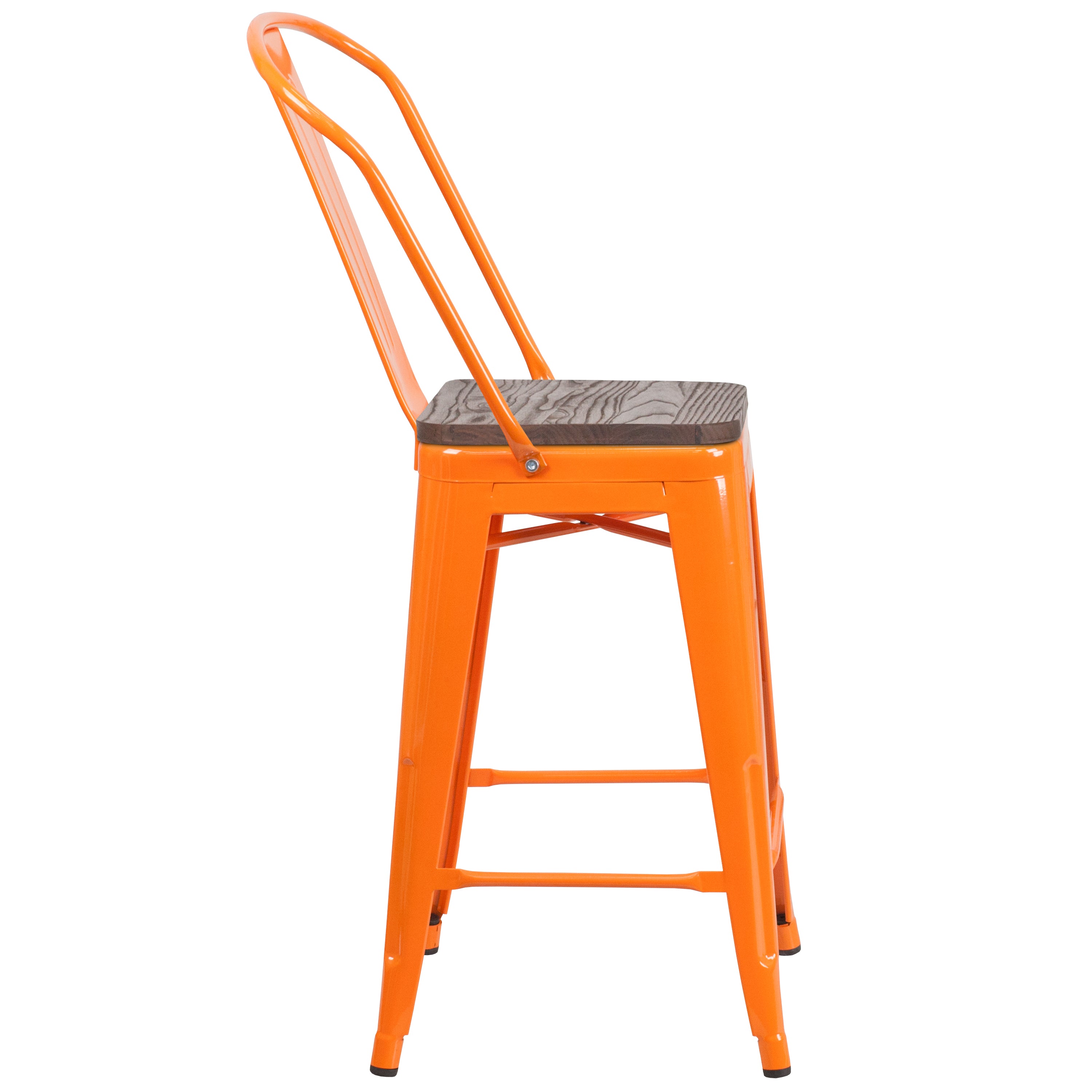 Lily 24" High Orange Metal Counter Height Stool with Back and Wood Seat