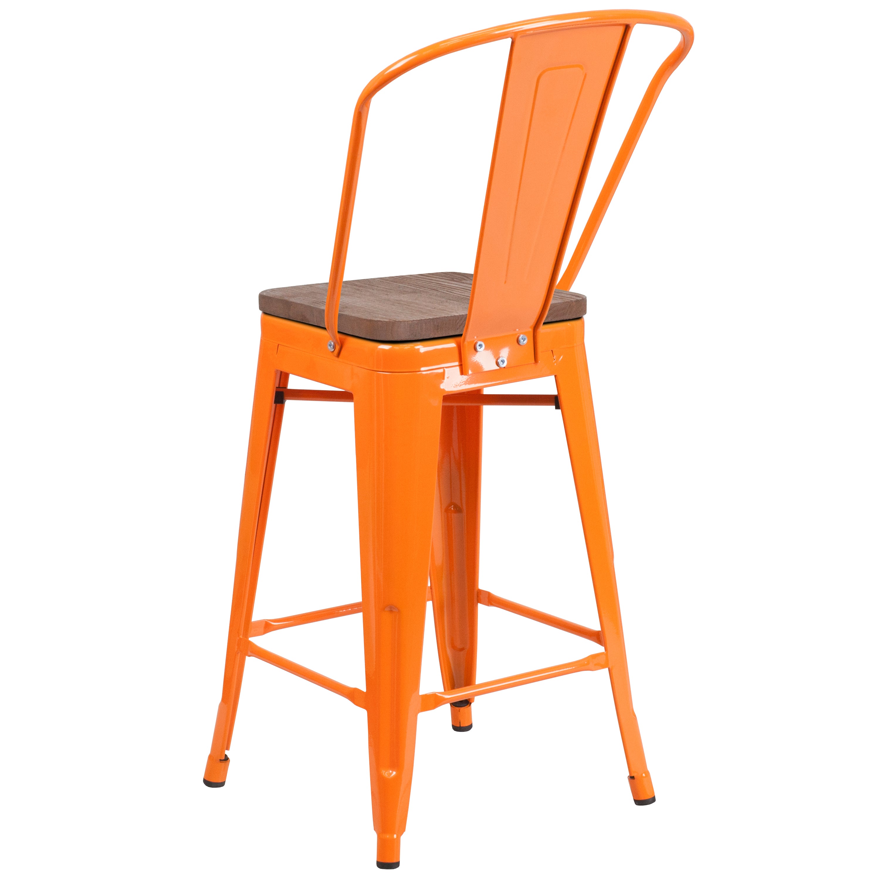 Lily 24" High Orange Metal Counter Height Stool with Back and Wood Seat