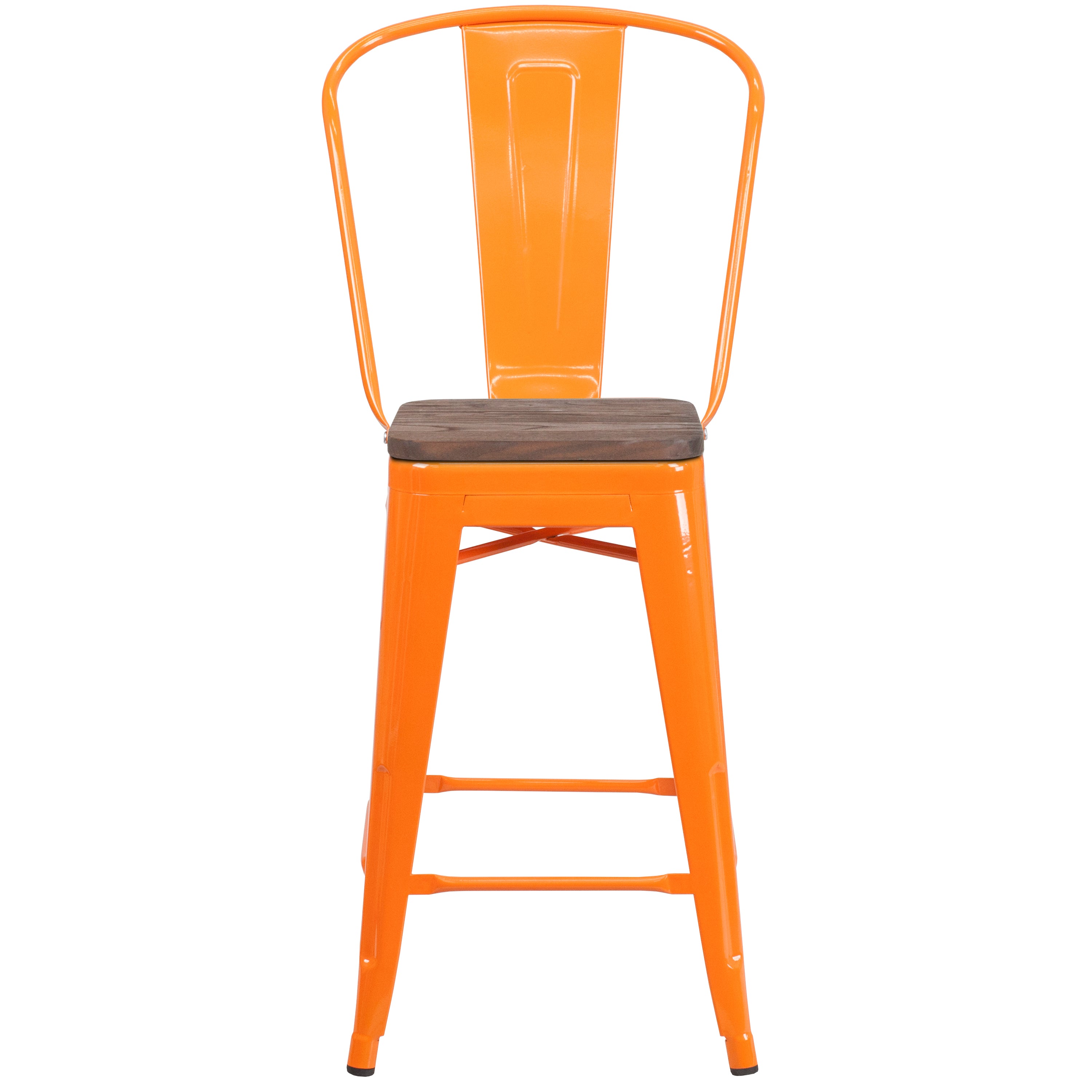 Lily 24" High Orange Metal Counter Height Stool with Back and Wood Seat