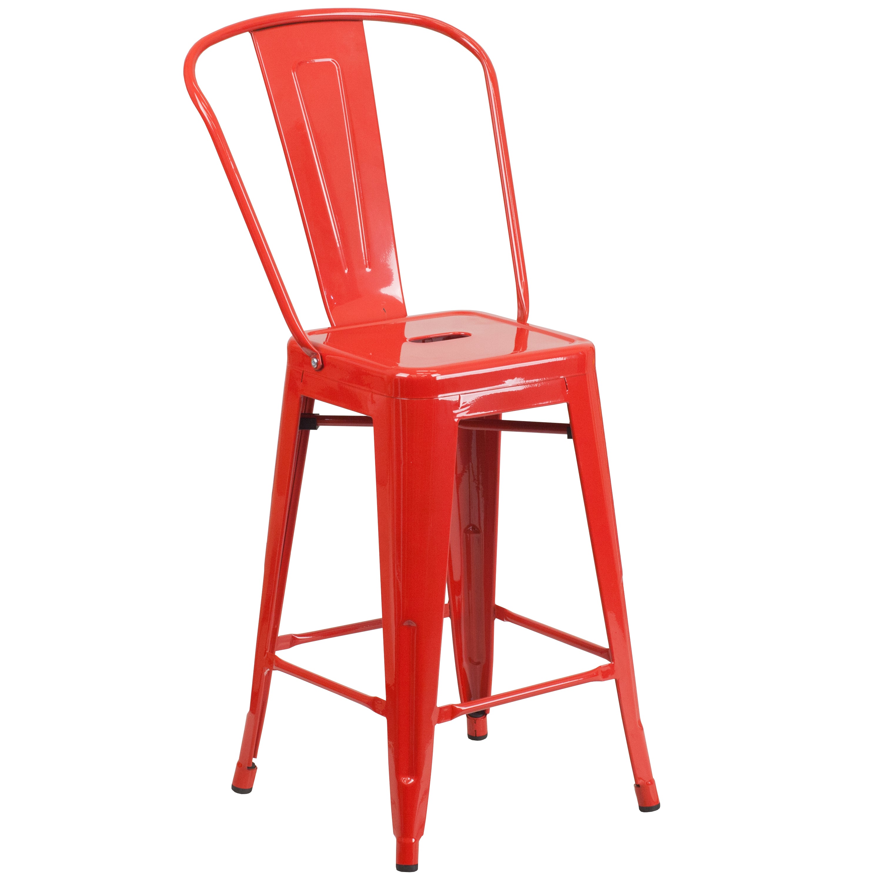 Kai Commercial Grade 24" High Red Metal Indoor-Outdoor Counter Height Stool with Removable Back