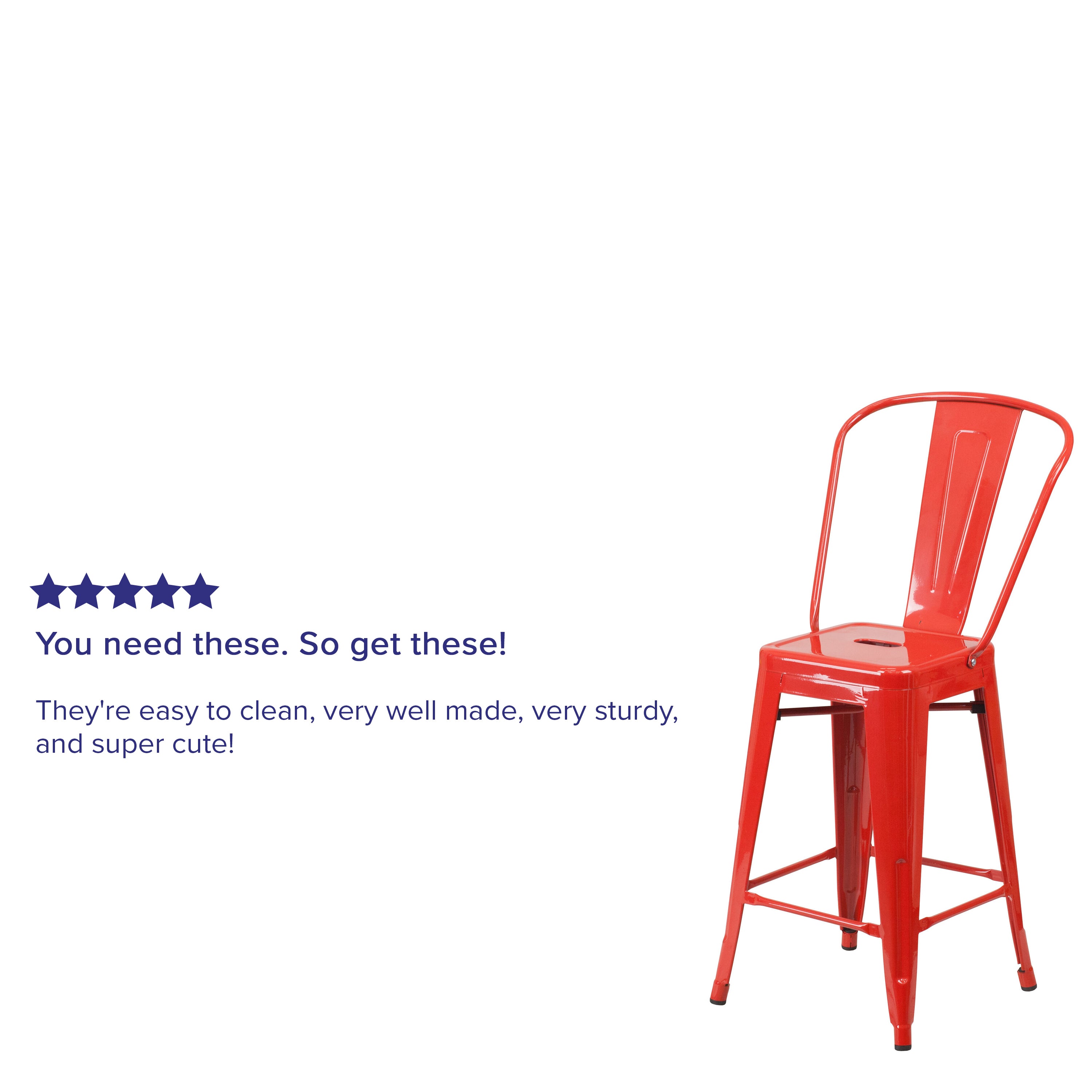 Kai Commercial Grade 24" High Red Metal Indoor-Outdoor Counter Height Stool with Removable Back