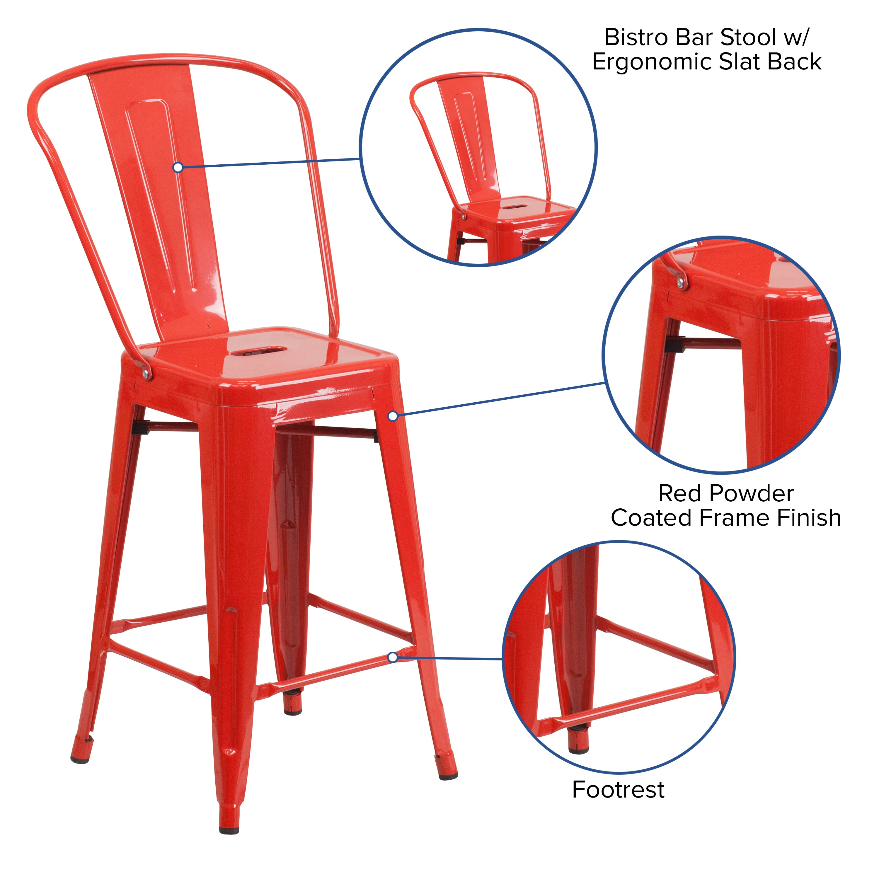 Kai Commercial Grade 24" High Red Metal Indoor-Outdoor Counter Height Stool with Removable Back
