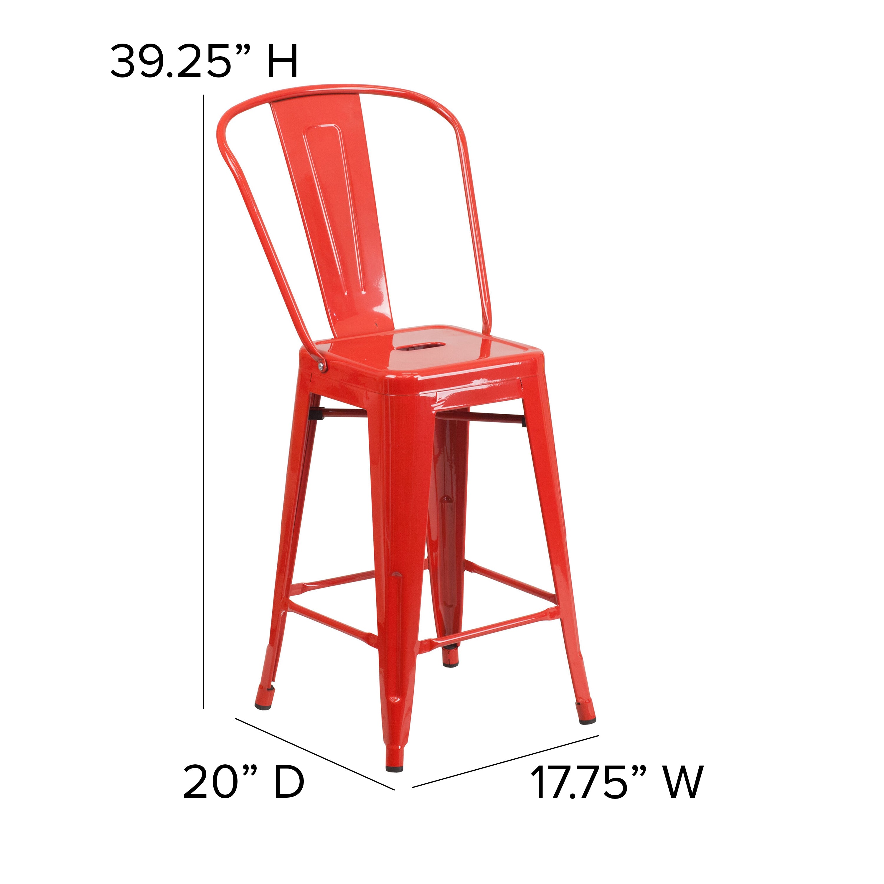 Kai Commercial Grade 24" High Red Metal Indoor-Outdoor Counter Height Stool with Removable Back and Teak All-Weather Poly Resin Seat