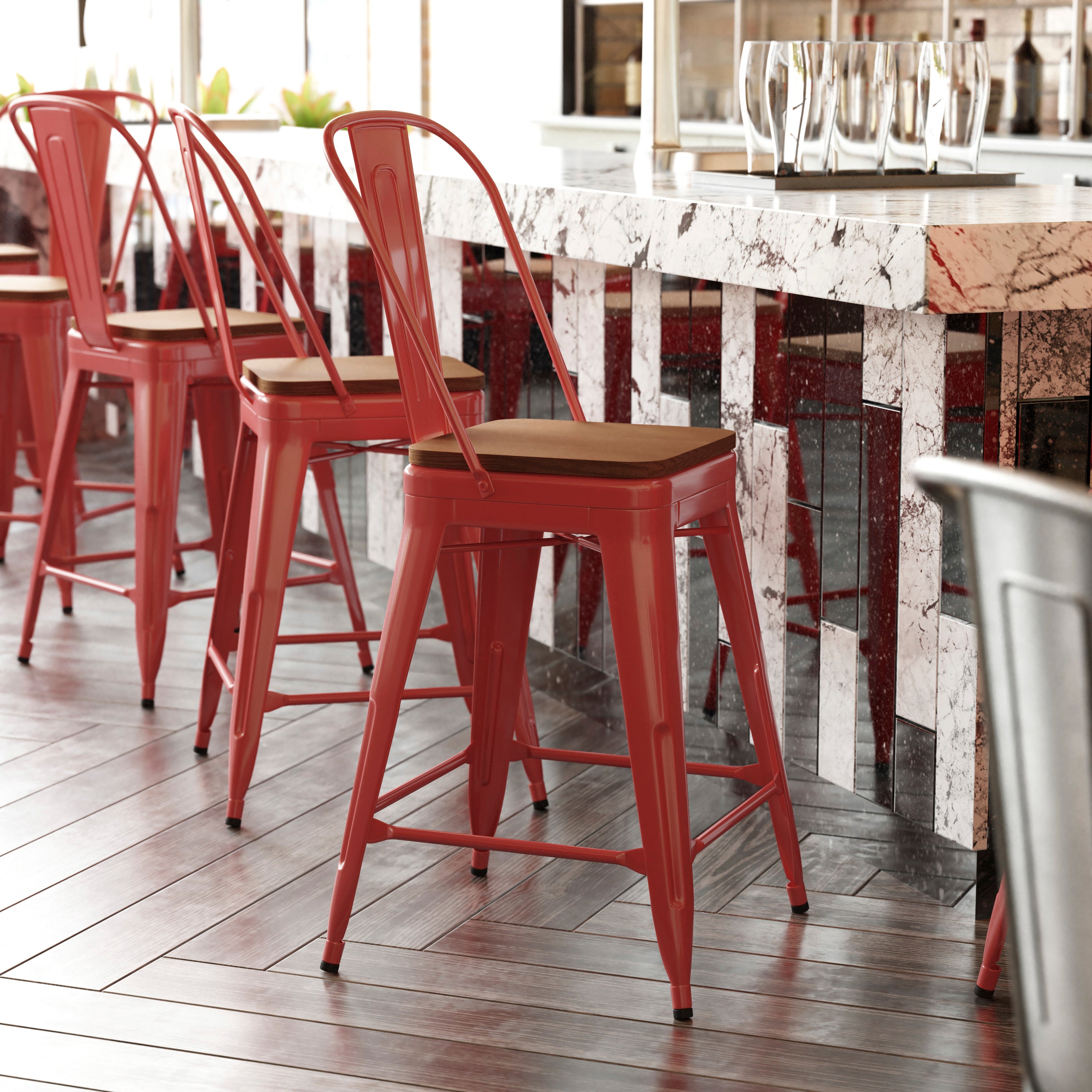 Kai Commercial Grade 24" High Red Metal Indoor-Outdoor Counter Height Stool with Removable Back and Teak All-Weather Poly Resin Seat