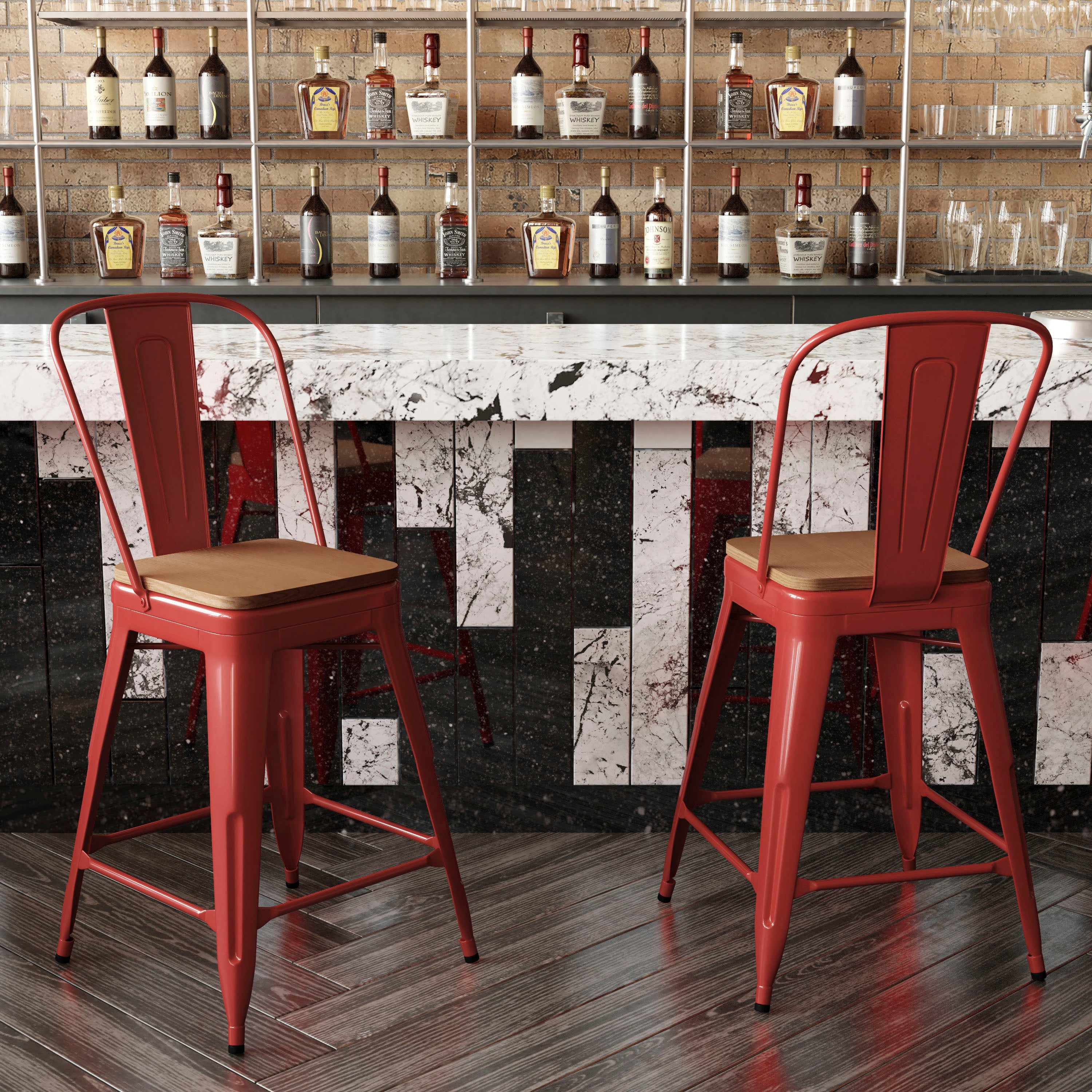 Kai Commercial Grade 24" High Red Metal Indoor-Outdoor Counter Height Stool with Removable Back and Teak All-Weather Poly Resin Seat