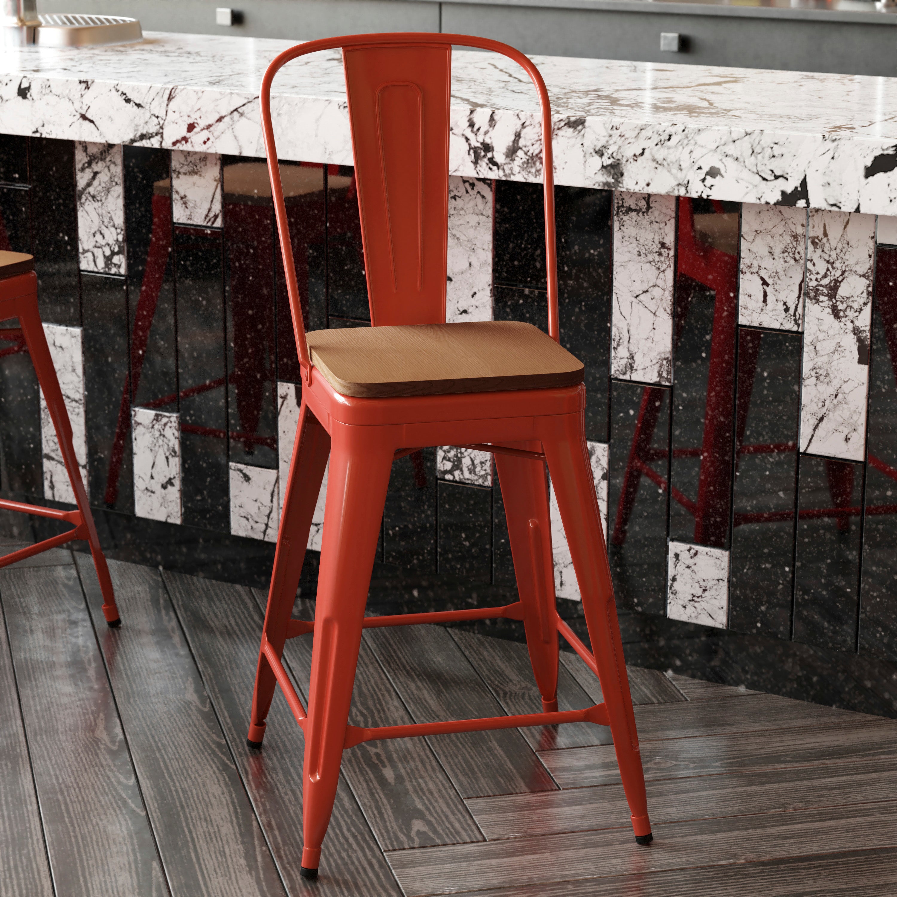 Kai Commercial Grade 24" High Red Metal Indoor-Outdoor Counter Height Stool with Removable Back and Teak All-Weather Poly Resin Seat