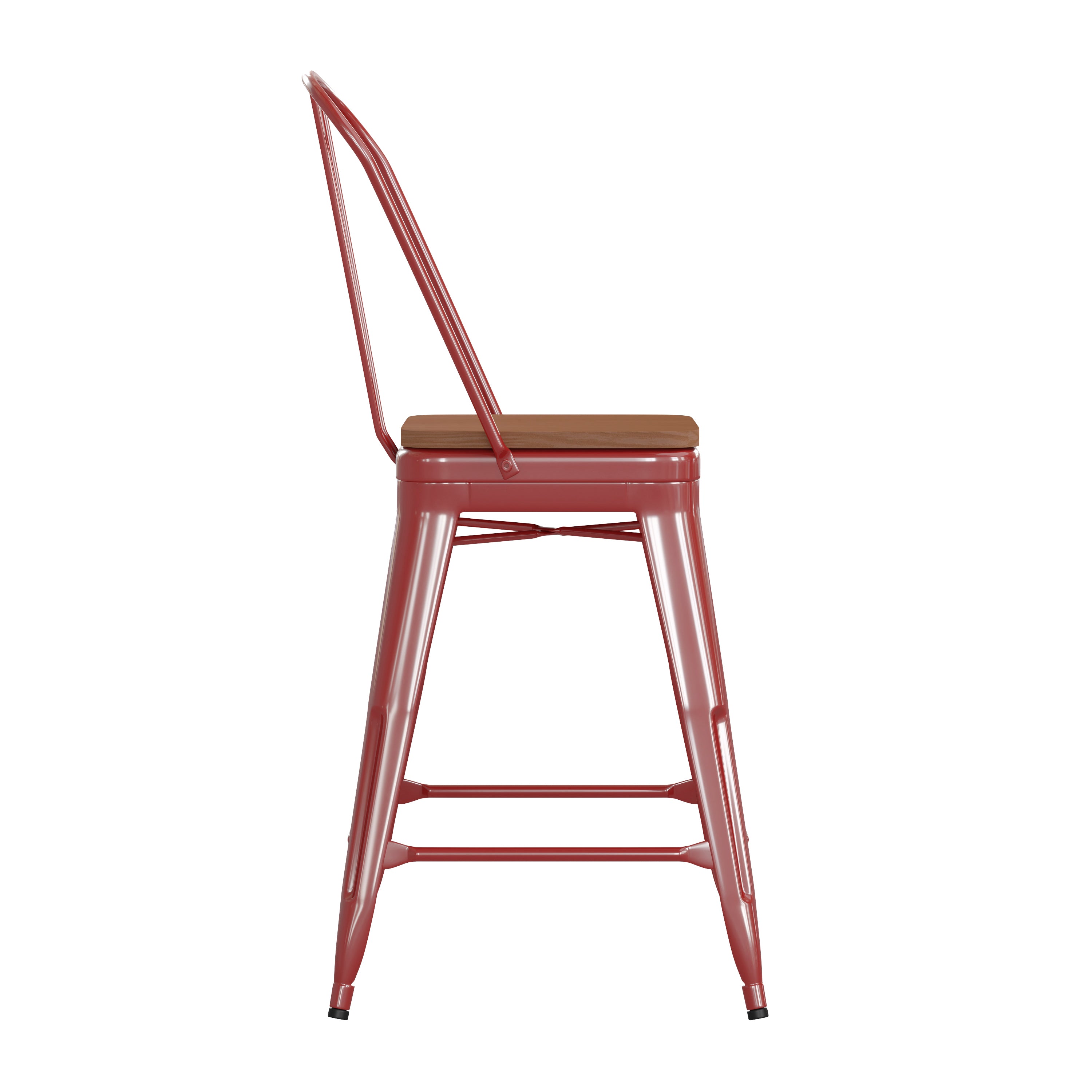 Kai Commercial Grade 24" High Red Metal Indoor-Outdoor Counter Height Stool with Removable Back and Teak All-Weather Poly Resin Seat