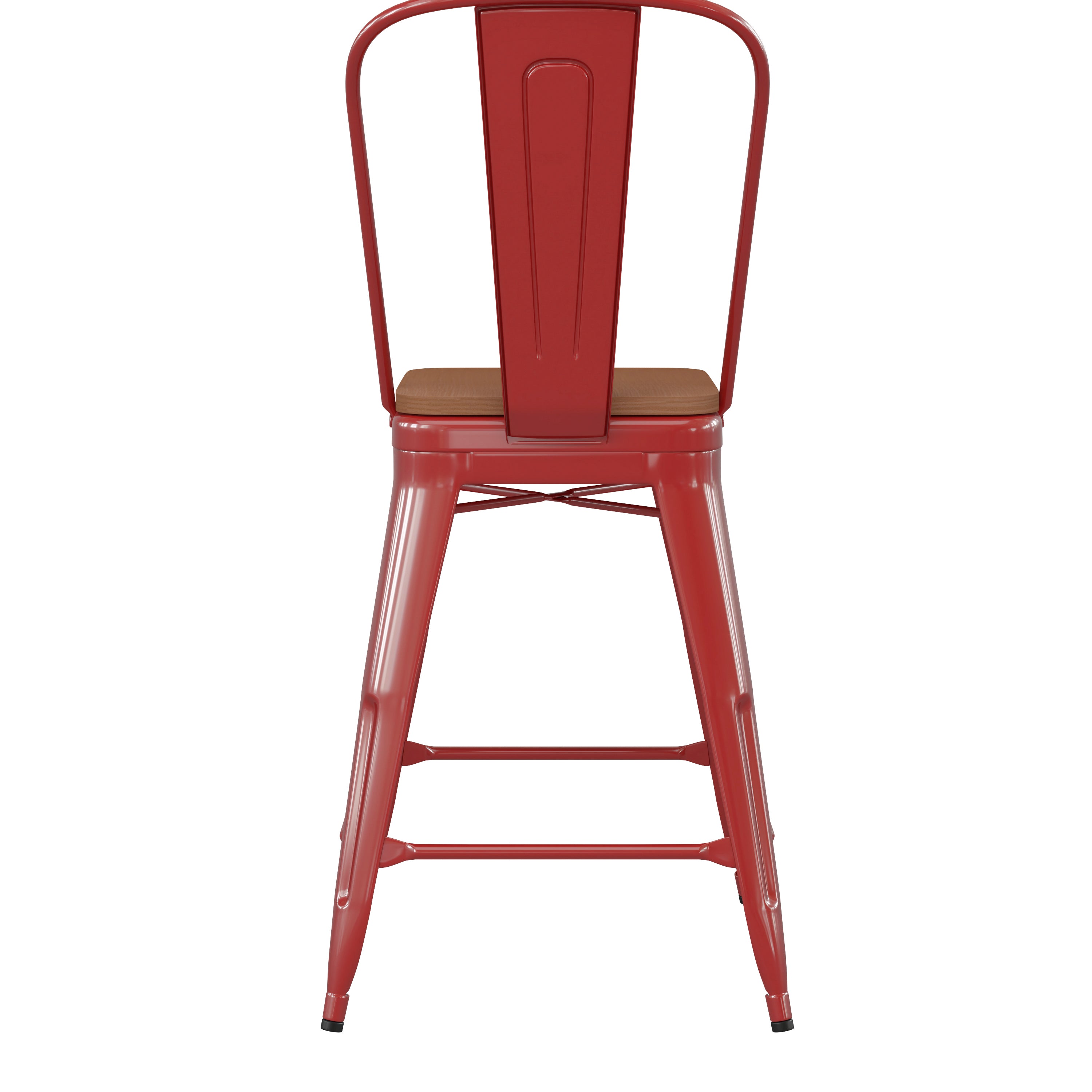 Kai Commercial Grade 24" High Red Metal Indoor-Outdoor Counter Height Stool with Removable Back and Teak All-Weather Poly Resin Seat