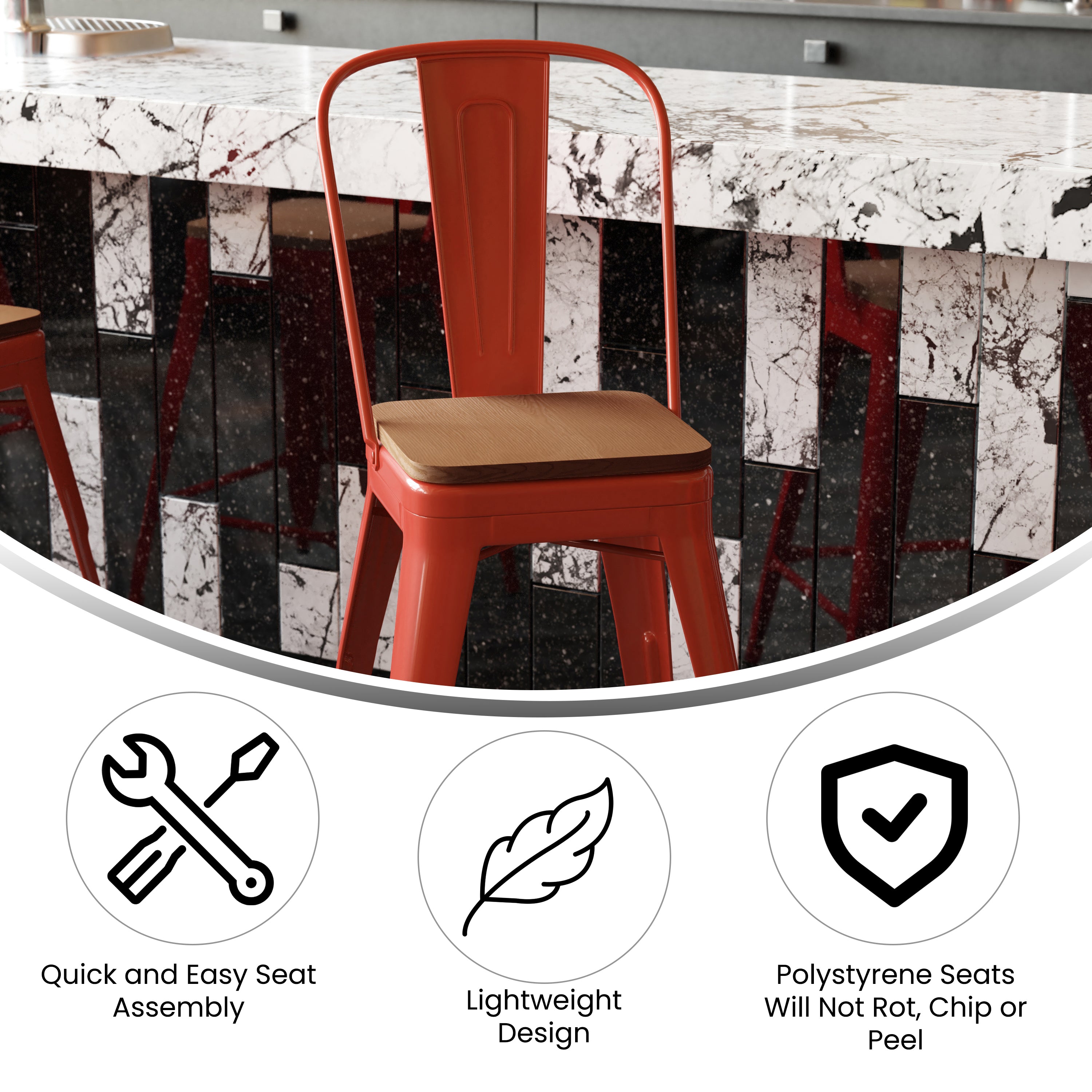Kai Commercial Grade 24" High Red Metal Indoor-Outdoor Counter Height Stool with Removable Back and Teak All-Weather Poly Resin Seat