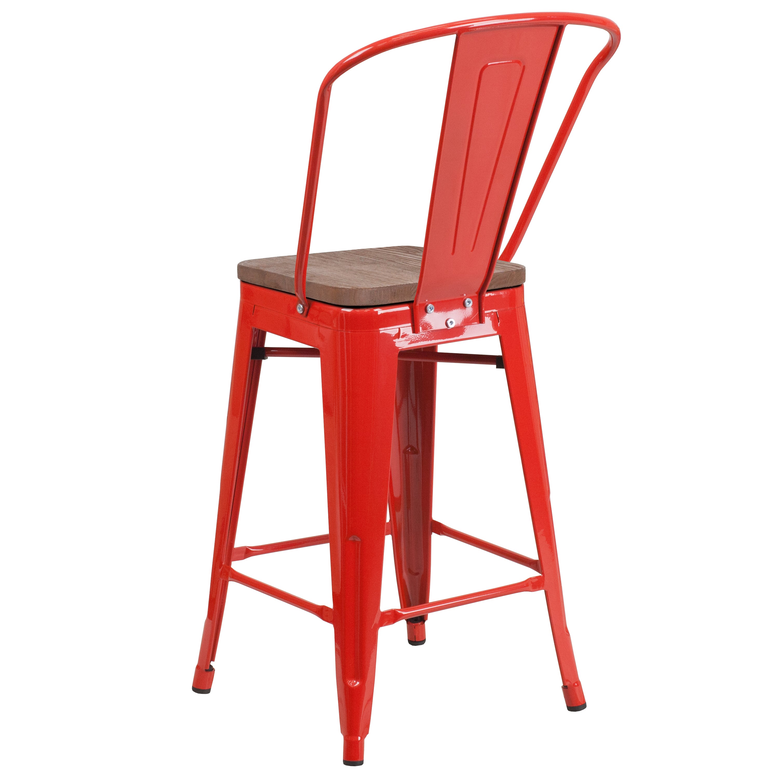 Lily 24" High Red Metal Counter Height Stool with Back and Wood Seat