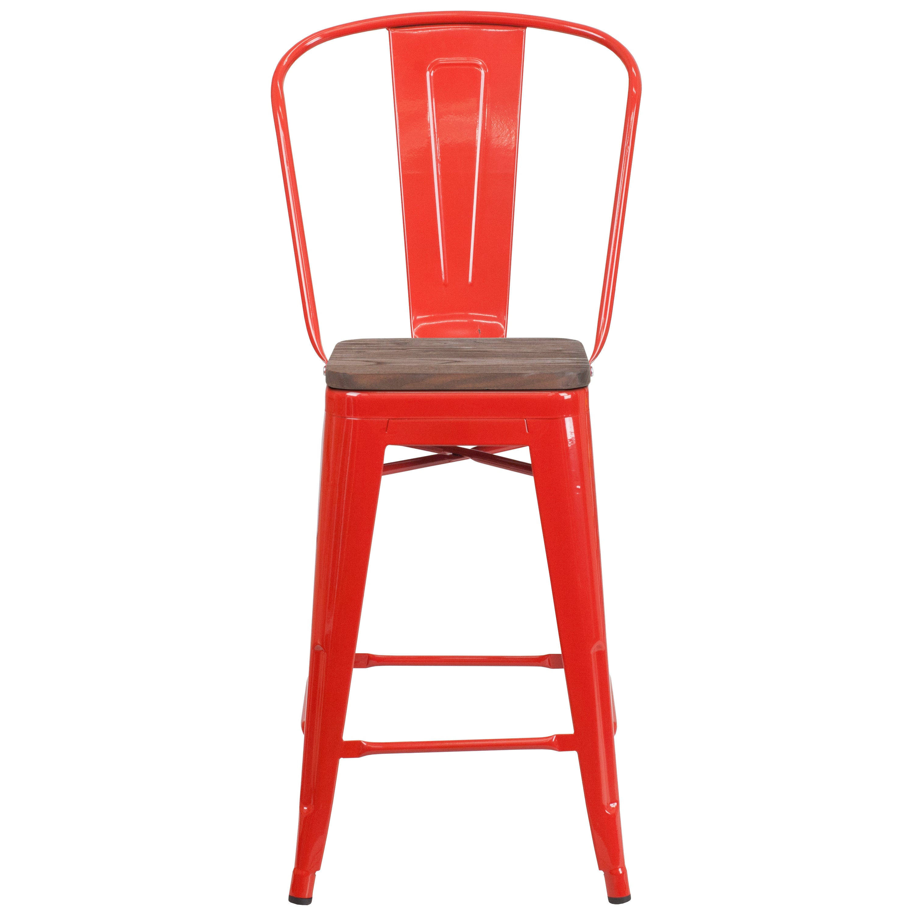 Lily 24" High Red Metal Counter Height Stool with Back and Wood Seat