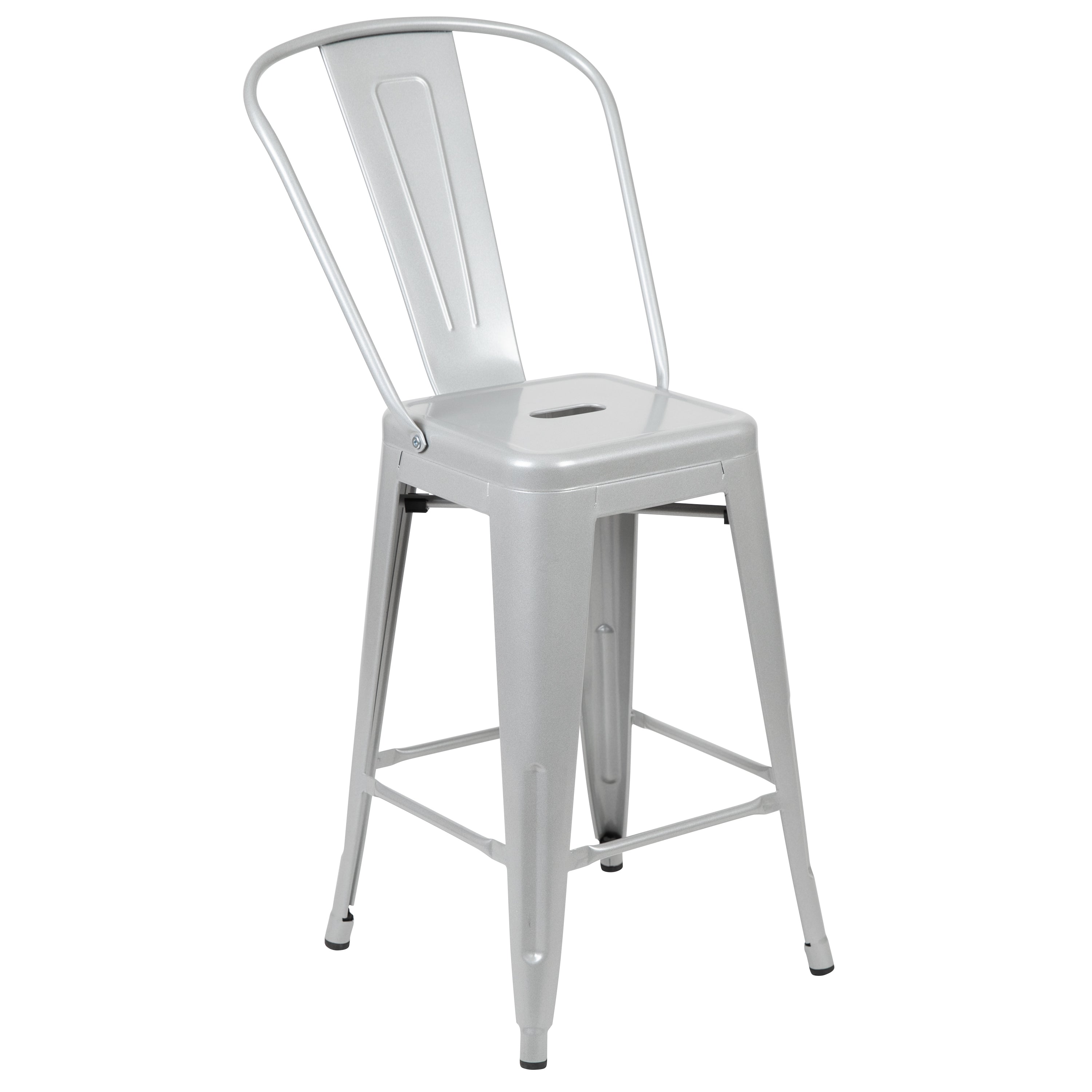 Kai Commercial Grade 24" High Silver Metal Indoor-Outdoor Counter Height Stool with Removable Back