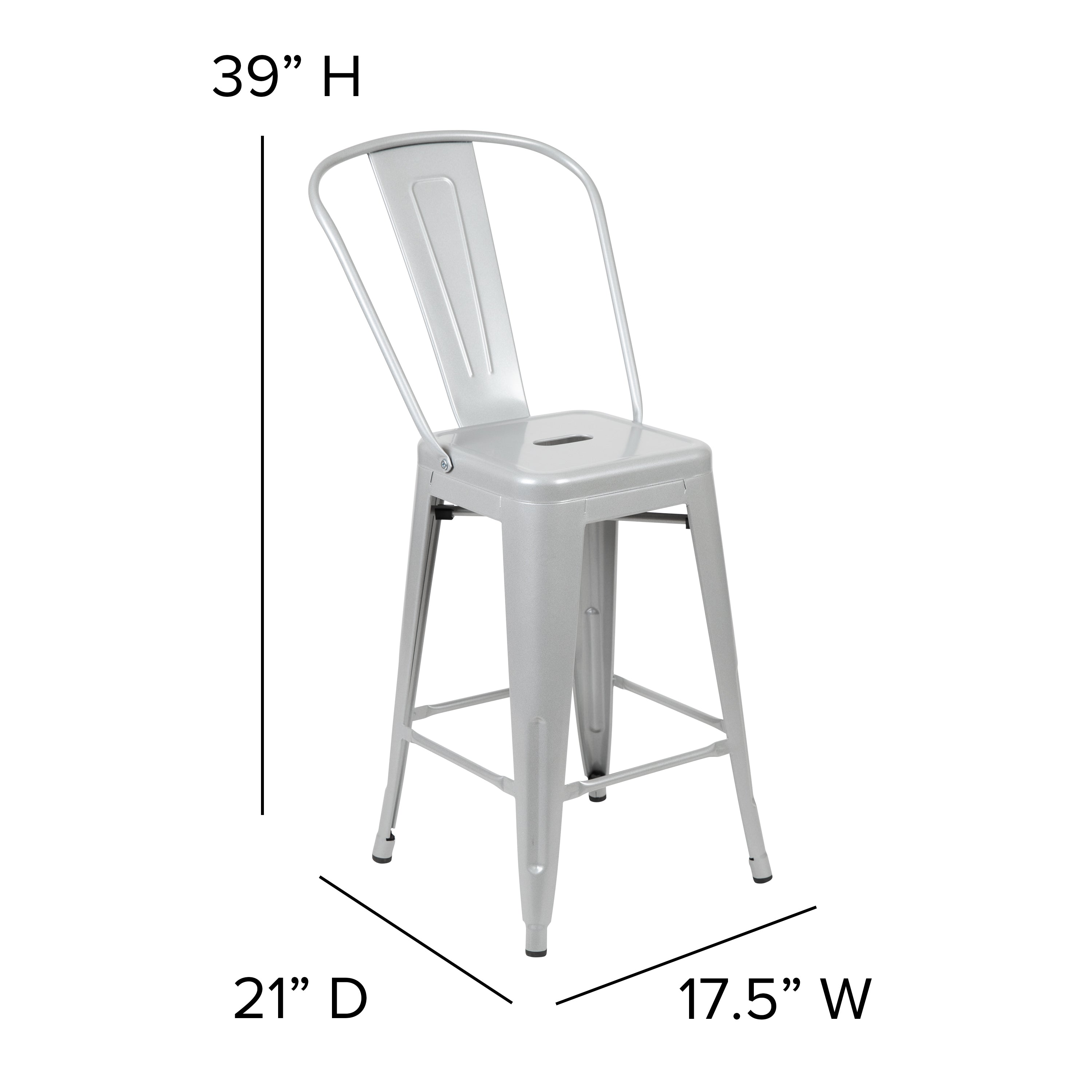 Kai Commercial Grade 24" High Silver Metal Indoor-Outdoor Counter Height Stool with Removable Back