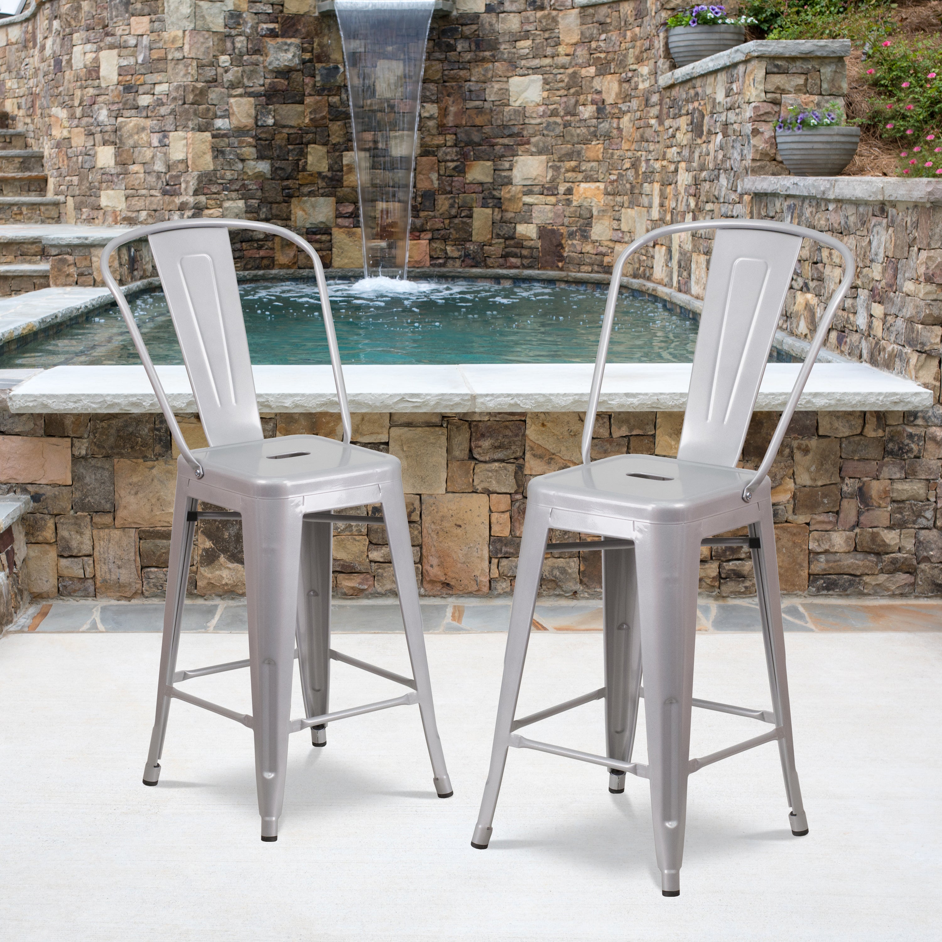 Kai Commercial Grade 24" High Silver Metal Indoor-Outdoor Counter Height Stool with Removable Back